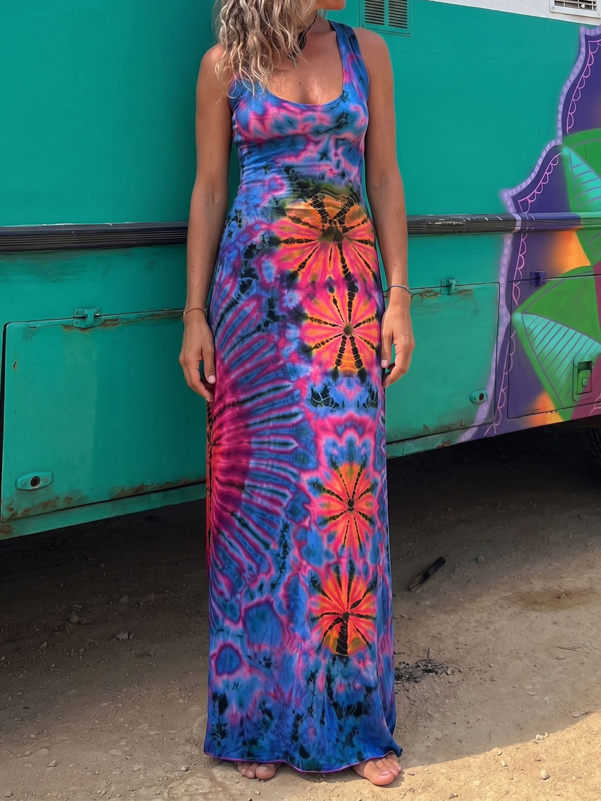 Sunburst Tie Dye Print Criss Cross Back Resort Summer Tank Maxi Dress