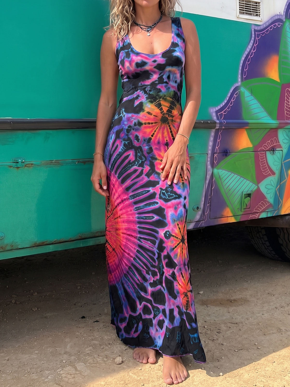 Sunburst Tie Dye Print Criss Cross Back Resort Summer Tank Maxi Dress