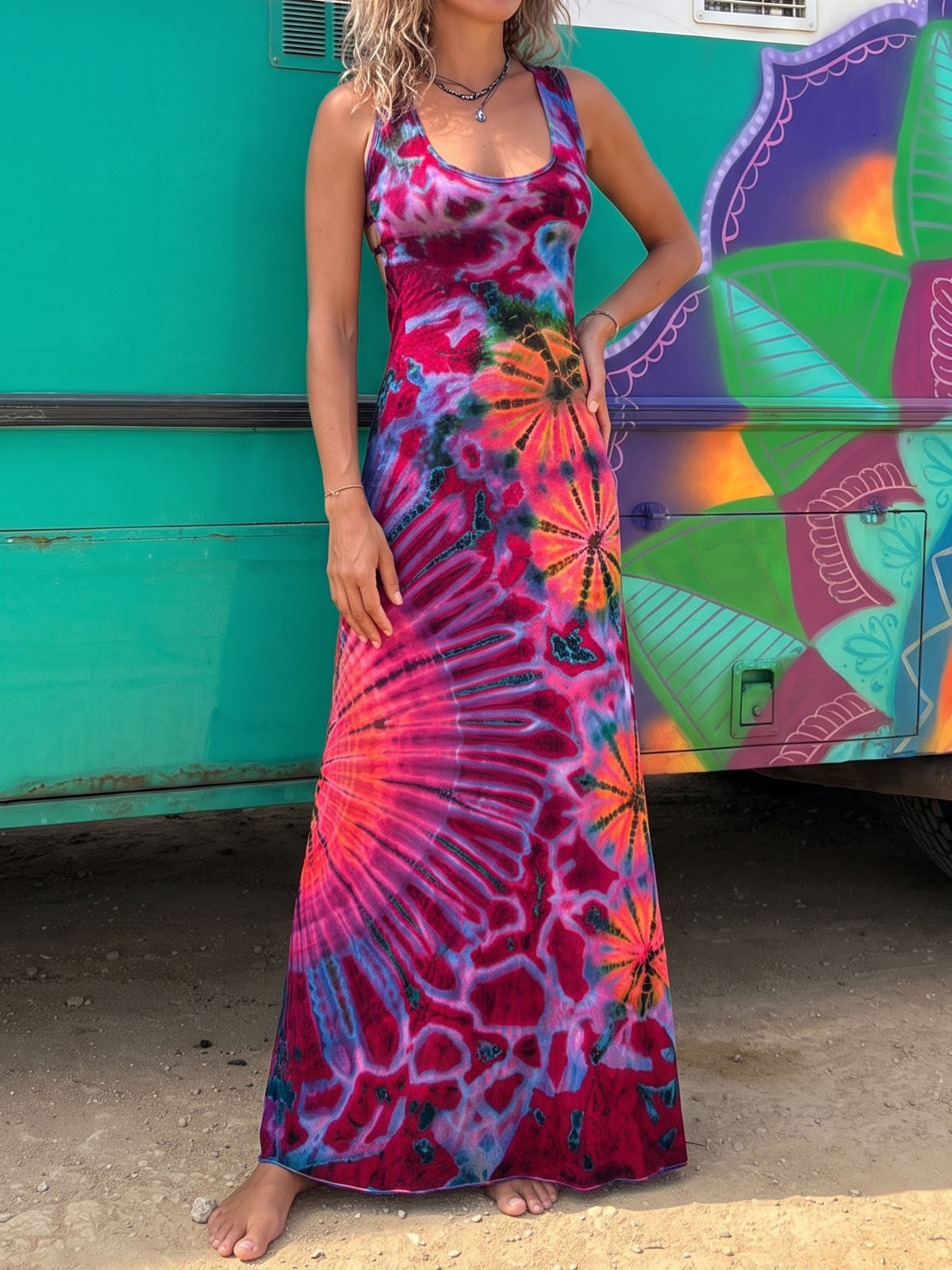 Sunburst Tie Dye Print Criss Cross Back Resort Summer Tank Maxi Dress