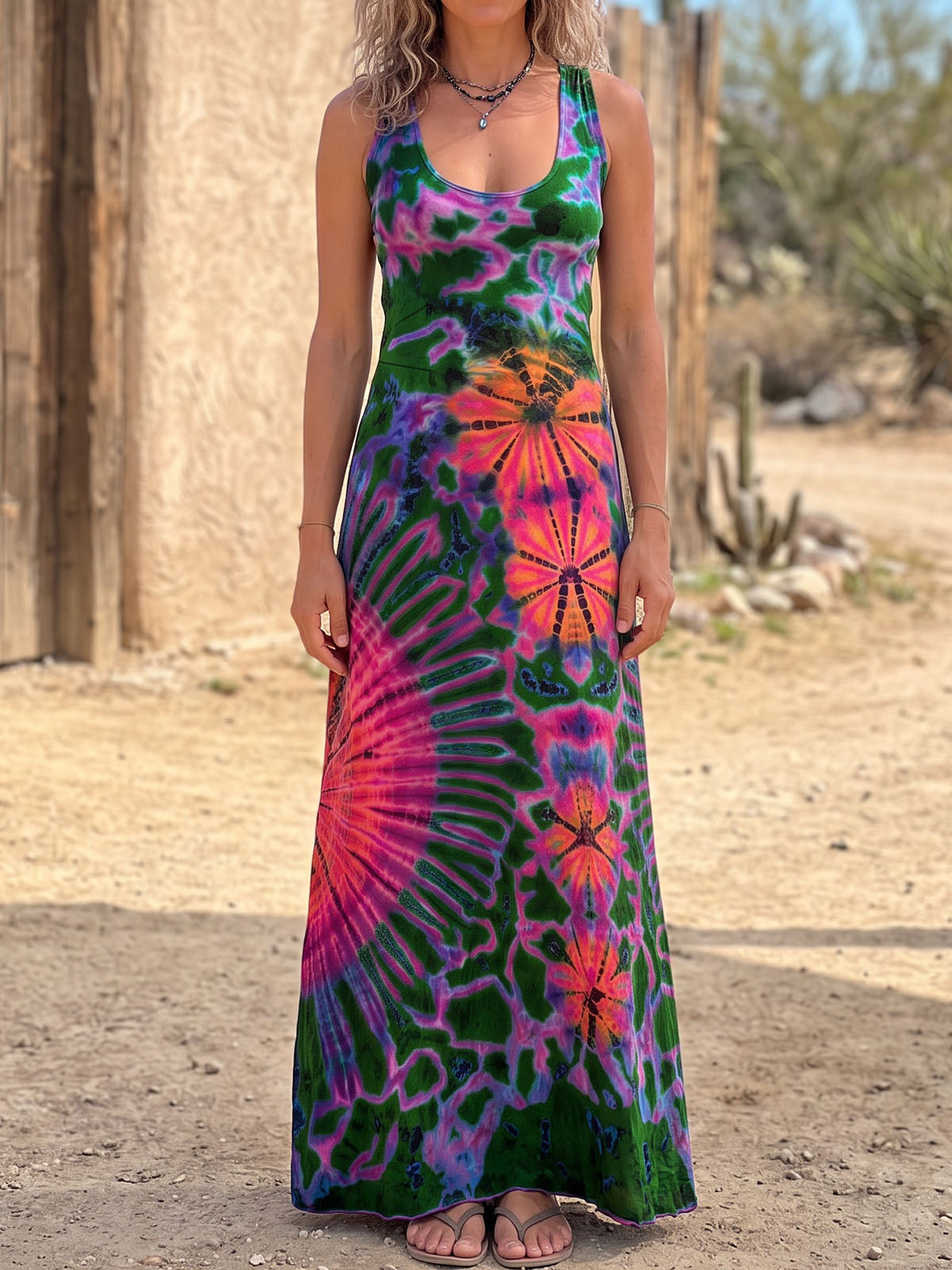 Sunburst Tie Dye Print Criss Cross Back Resort Summer Tank Maxi Dress