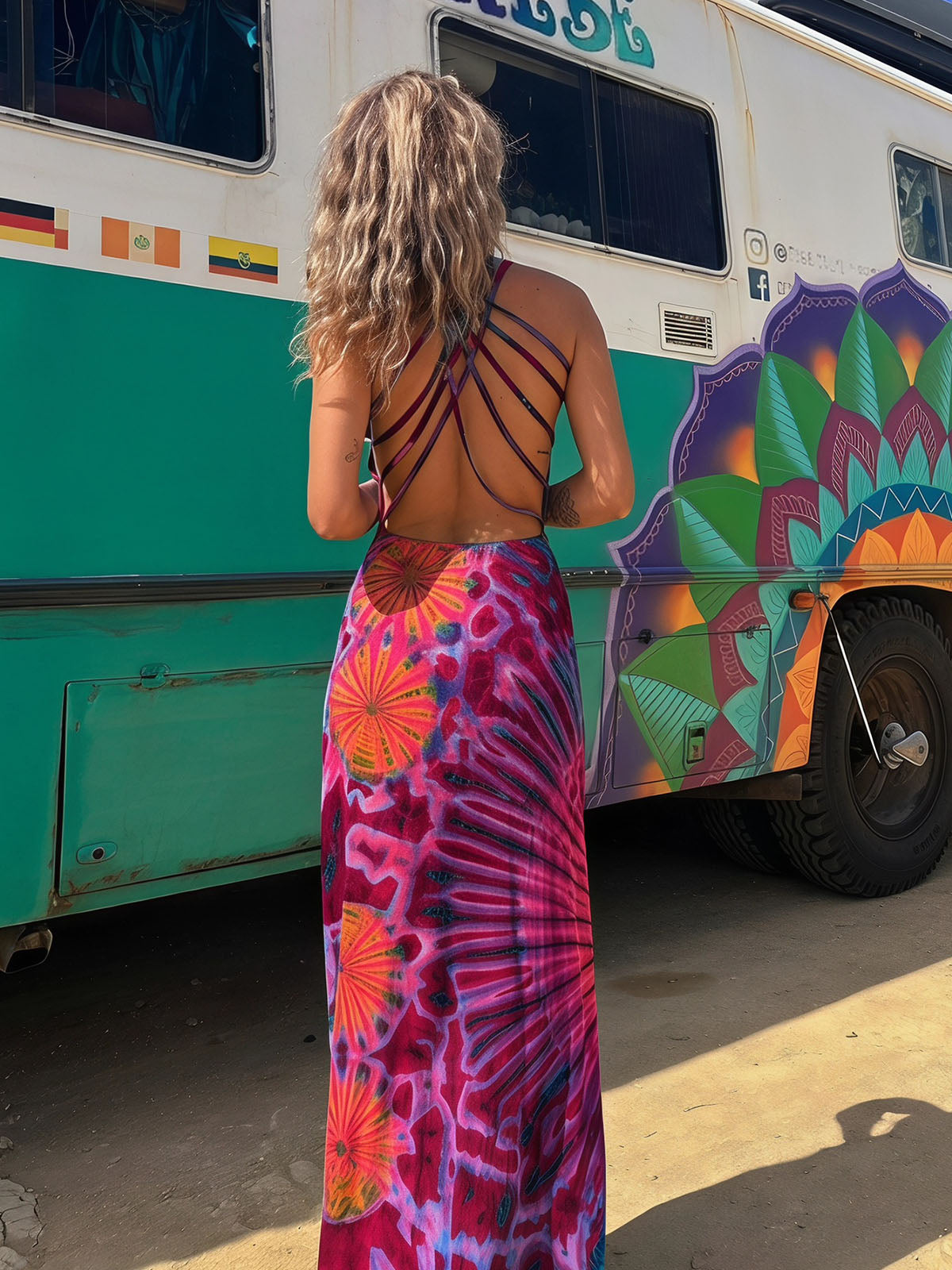 Sunburst Tie Dye Print Criss Cross Back Resort Summer Tank Maxi Dress