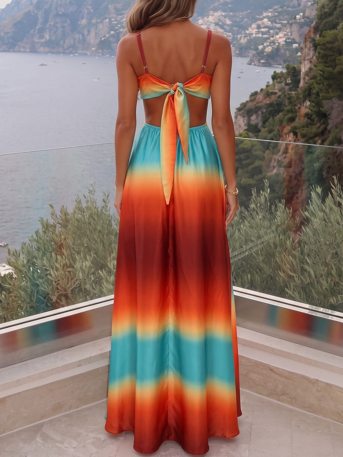 Sunset Ombré Print Sweetheart Cutout Resort Satin Cami Maxi Sun Dress