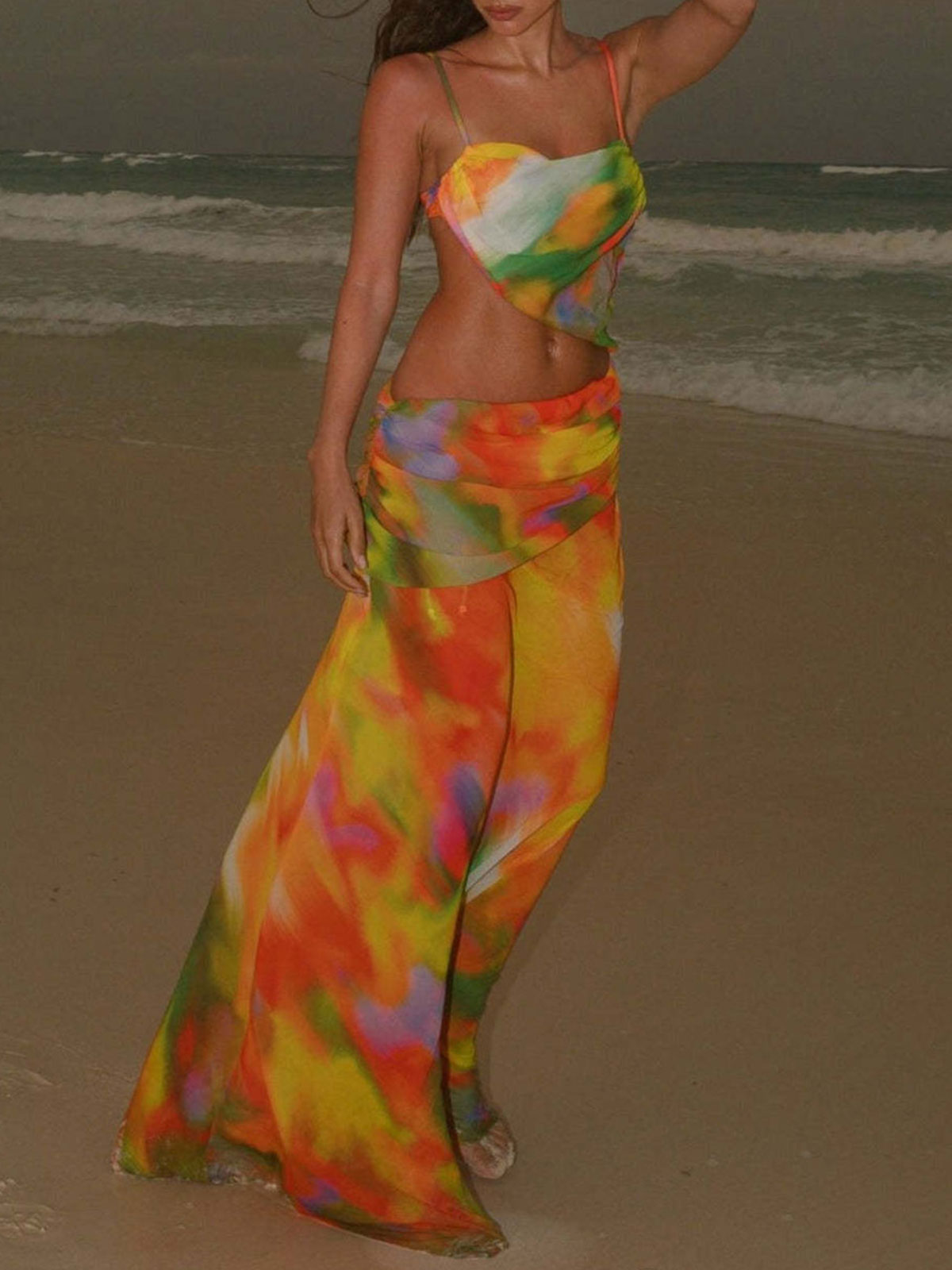 Sunshine Tie Dye Cutout Chiffon Beach Slip Maxi Dress