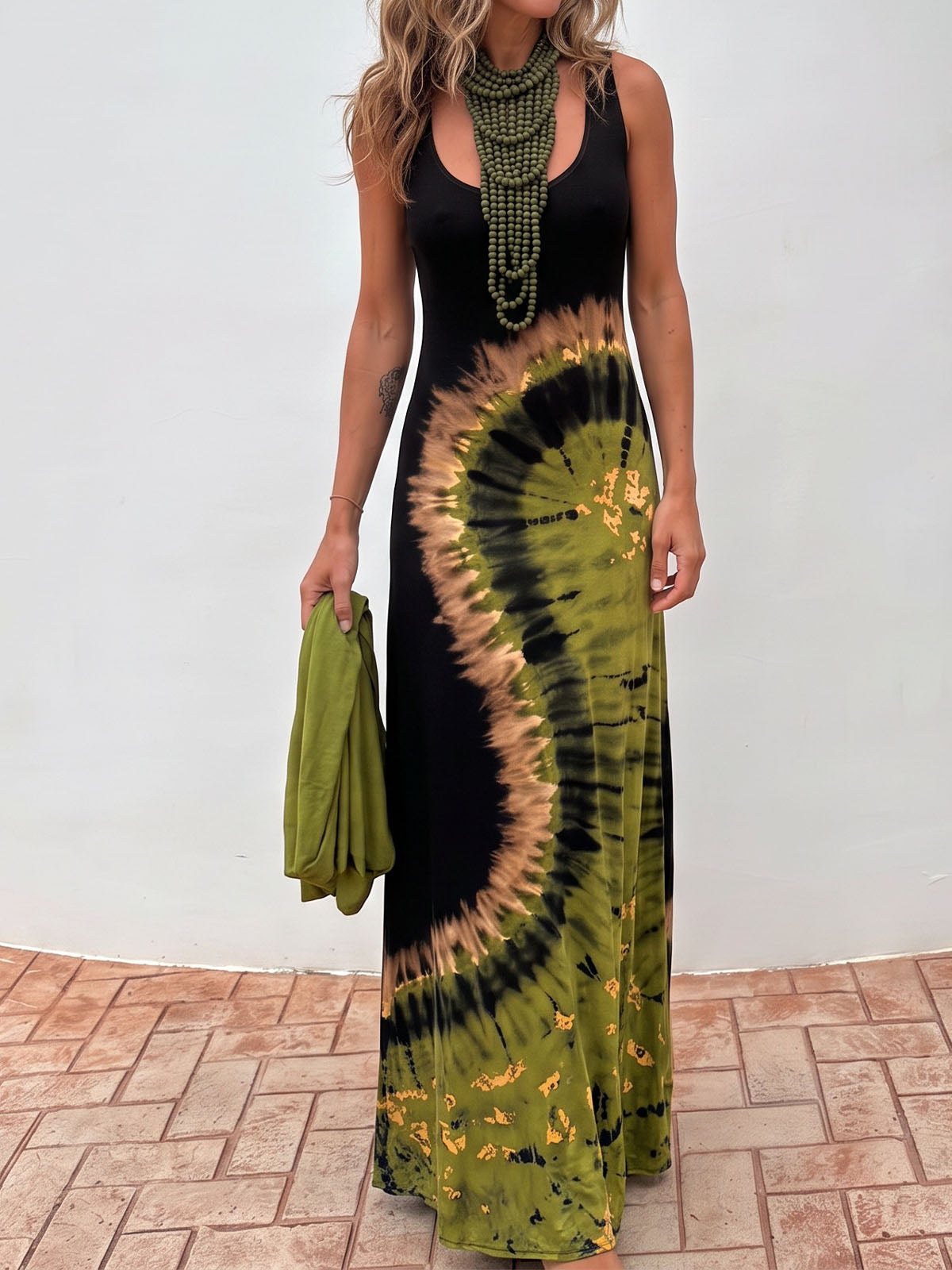 Tidal Tie Dye Print Criss Cross Back Resort Summer Tank Maxi Dress