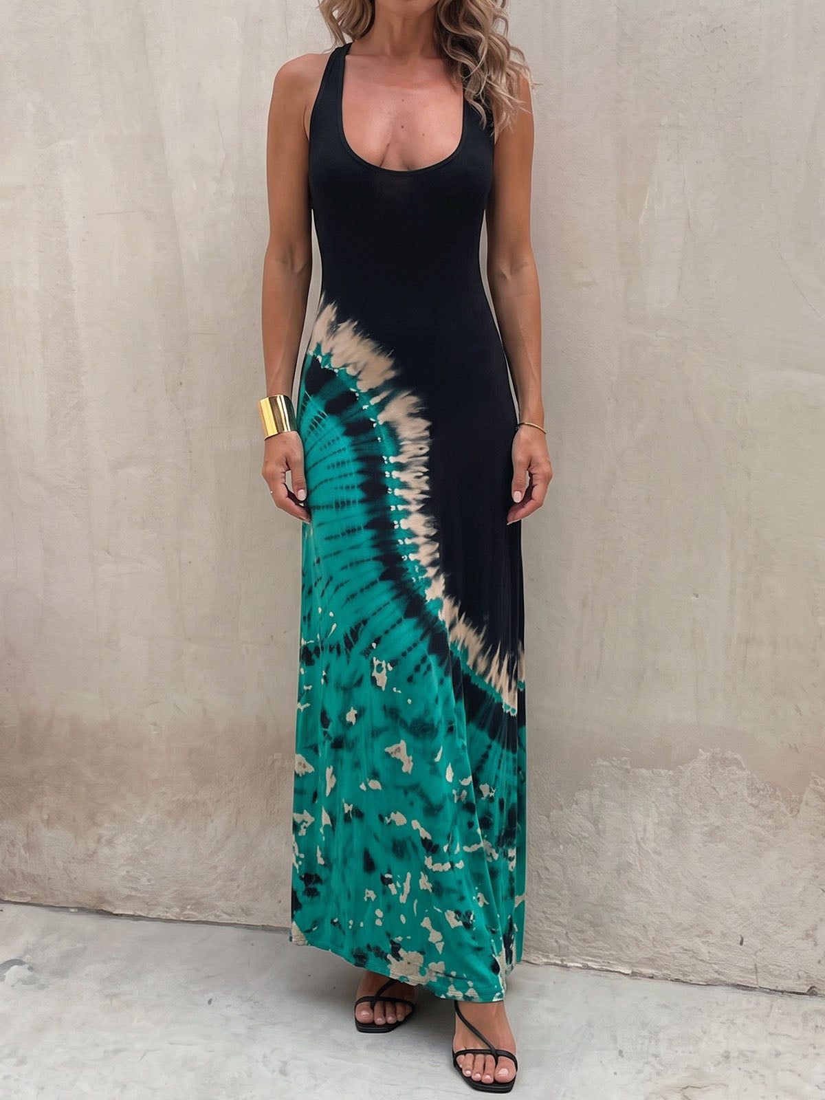 Tidal Tie Dye Print Criss Cross Back Resort Summer Tank Maxi Dress