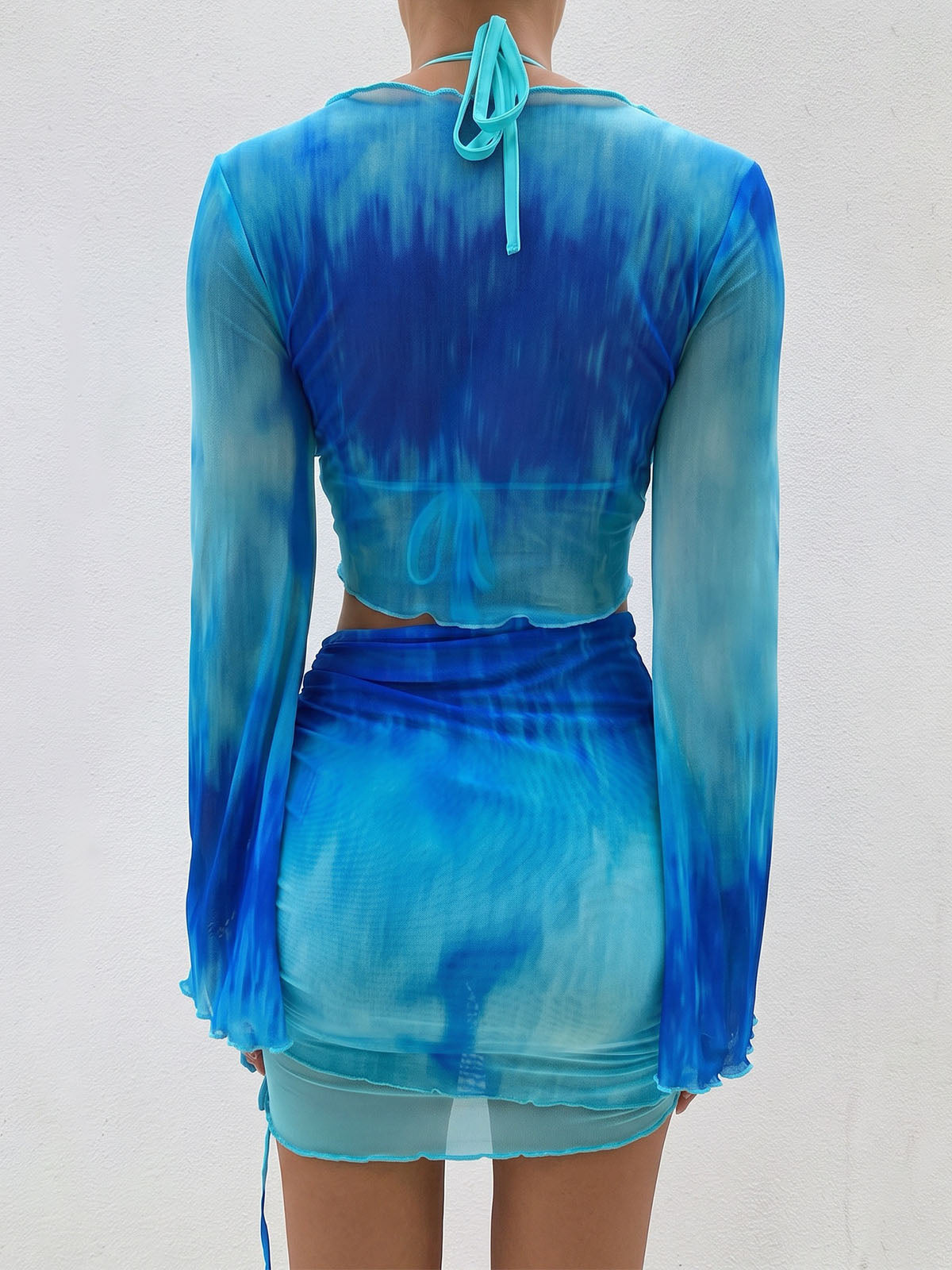 Tie Dye Mesh Long Sleeve Knot Front Top Resort Two Piece Mini Skirt Set