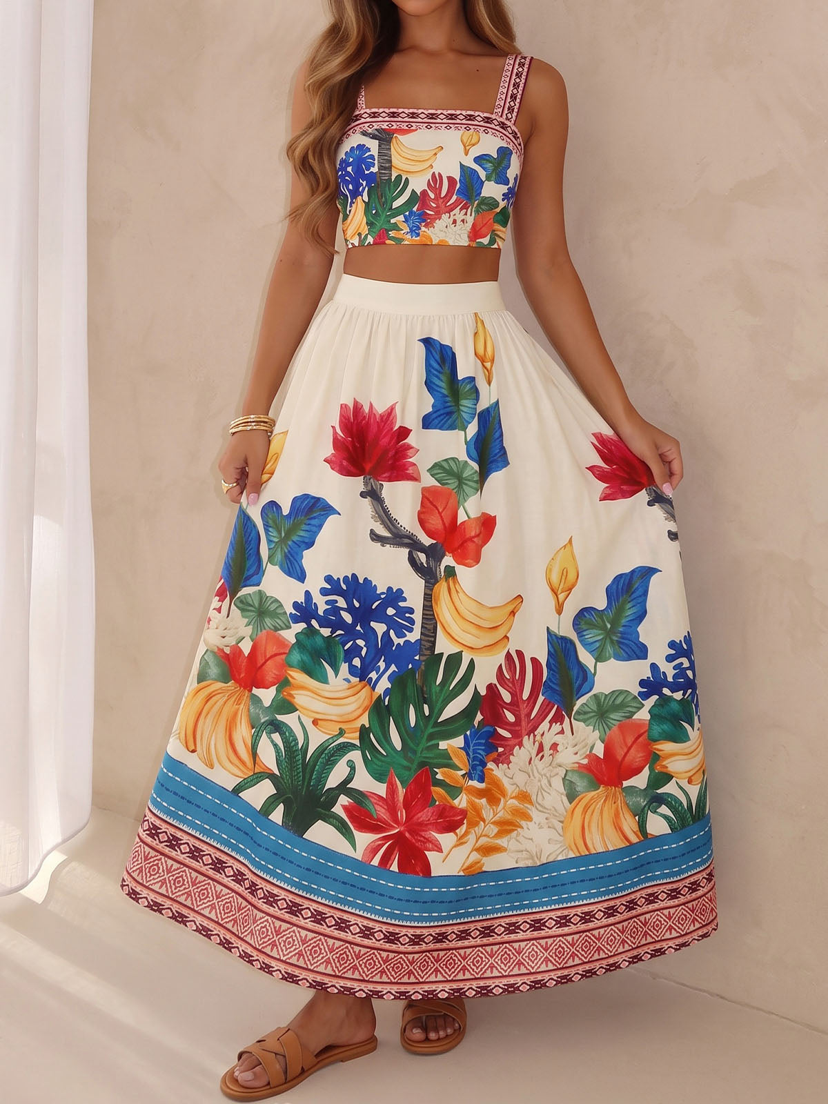Tropical Floral Crop Tank Top A Line Resort Two Piece Midi Skirt Set