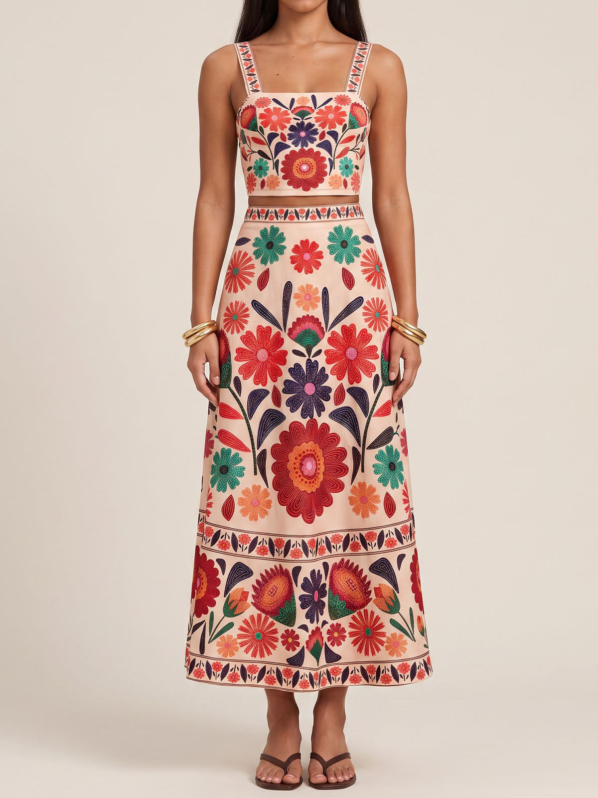 Tropical Floral Crop Tank Top A Line Resort Two Piece Midi Skirt Set