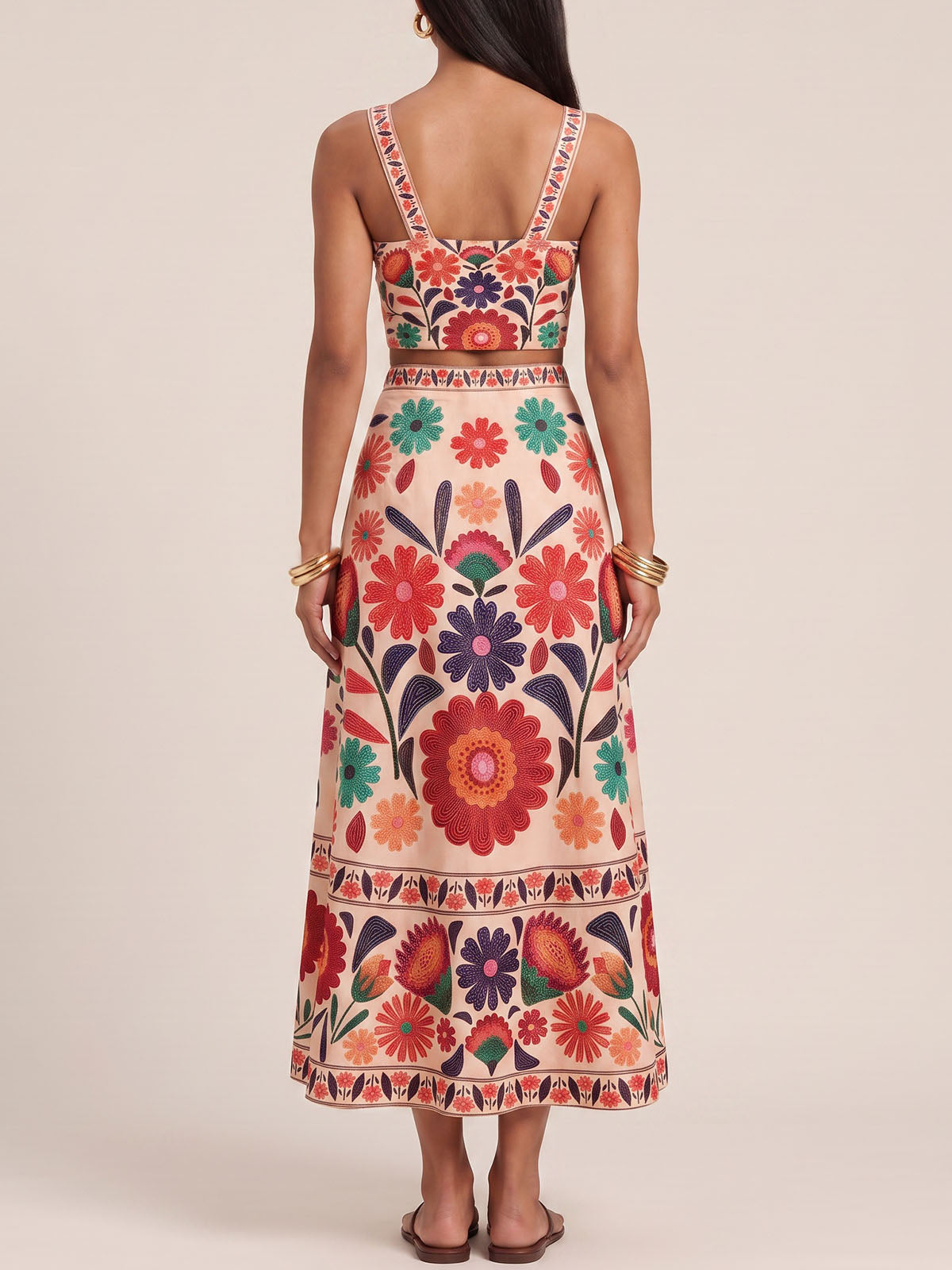 Tropical Floral Crop Tank Top A Line Resort Two Piece Midi Skirt Set