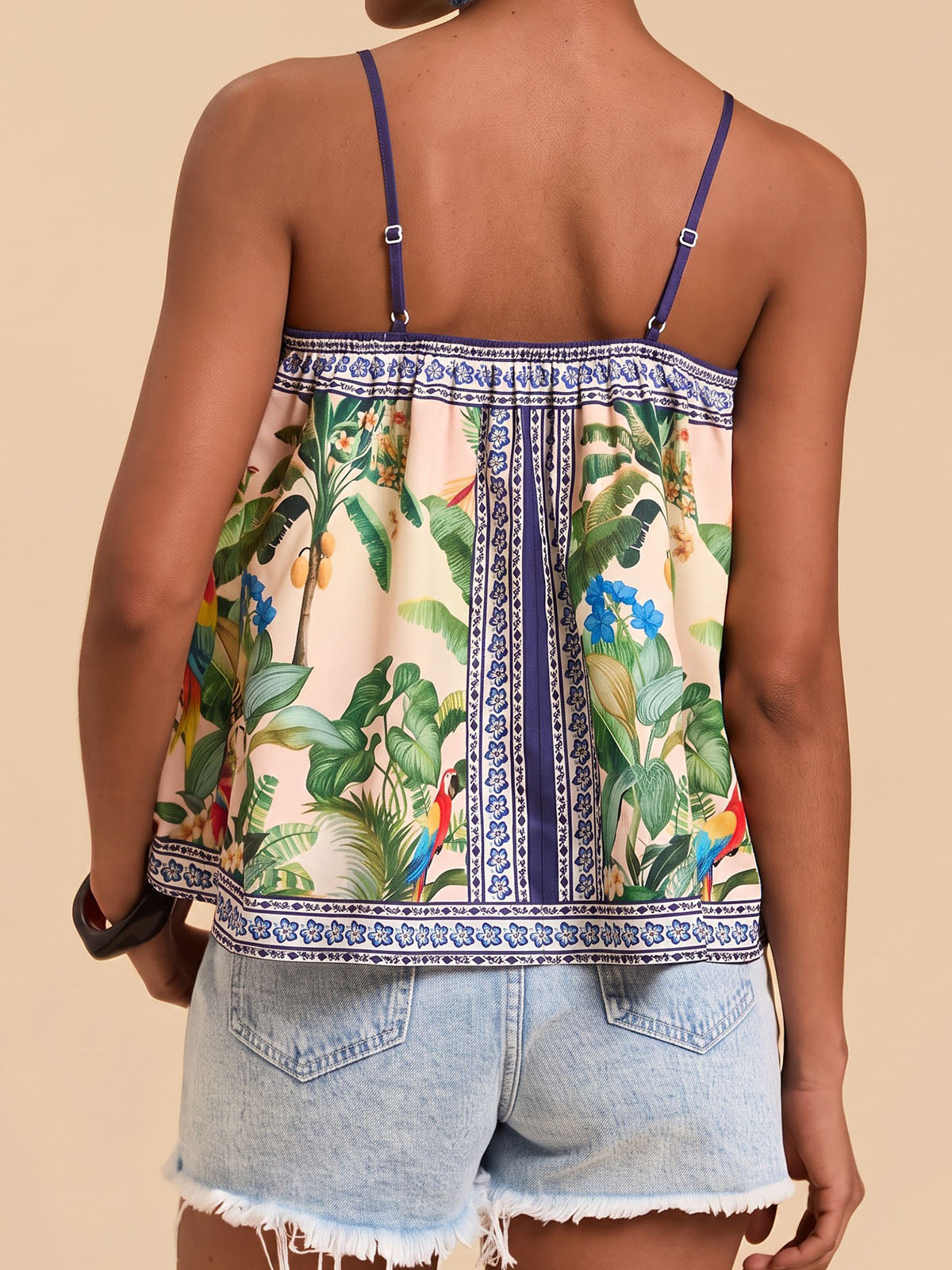 Tropical Palm Print Square Neck Breezy Resort Crop Cami Tank Top