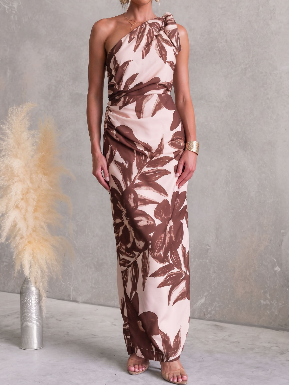 Tropical Tie One Shoulder Ruched Trim Column Resort Printed Maxi Dress