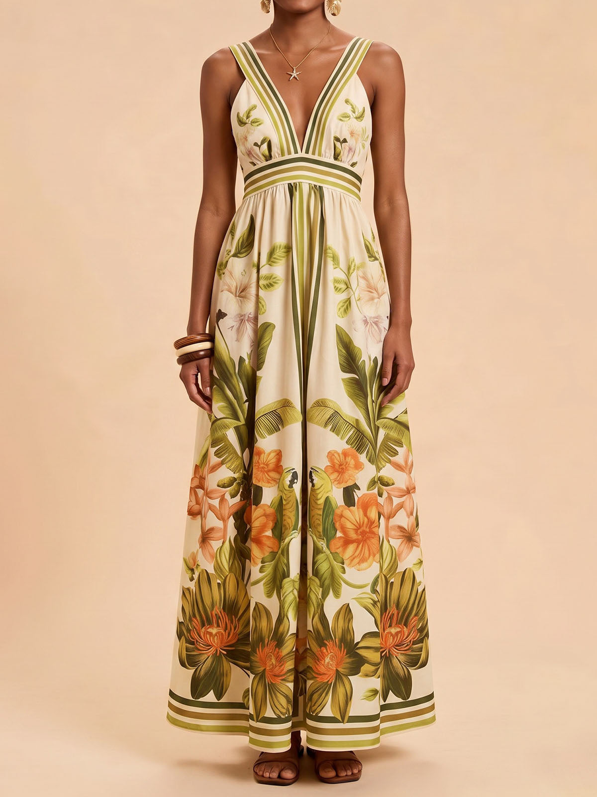 Tropical V Neck Sleeveless High Waist Resort Striped Floral Maxi Dress