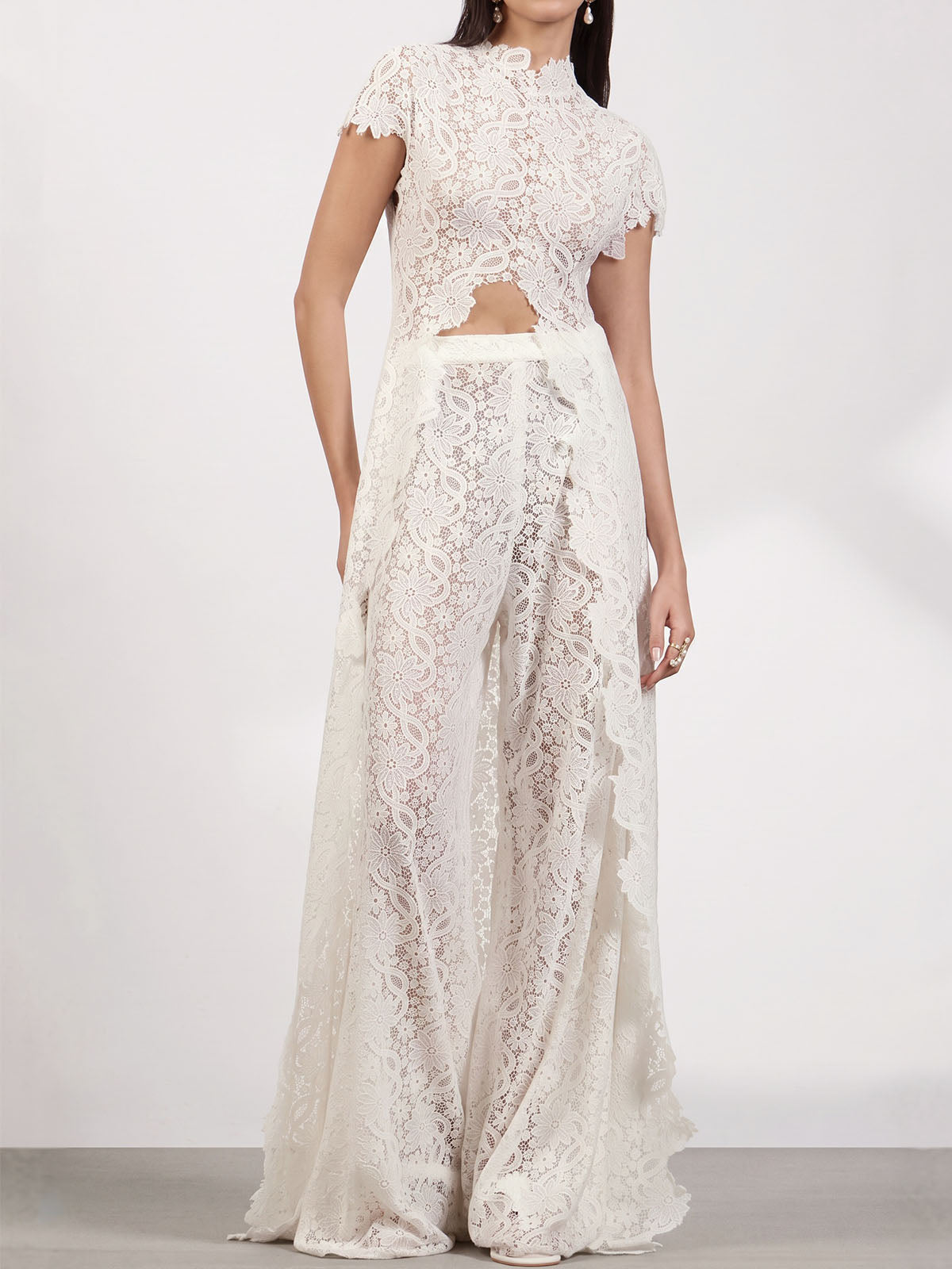 Unique Front Slit Longline Lace Top Resort Two Piece Wide Leg Pant Set