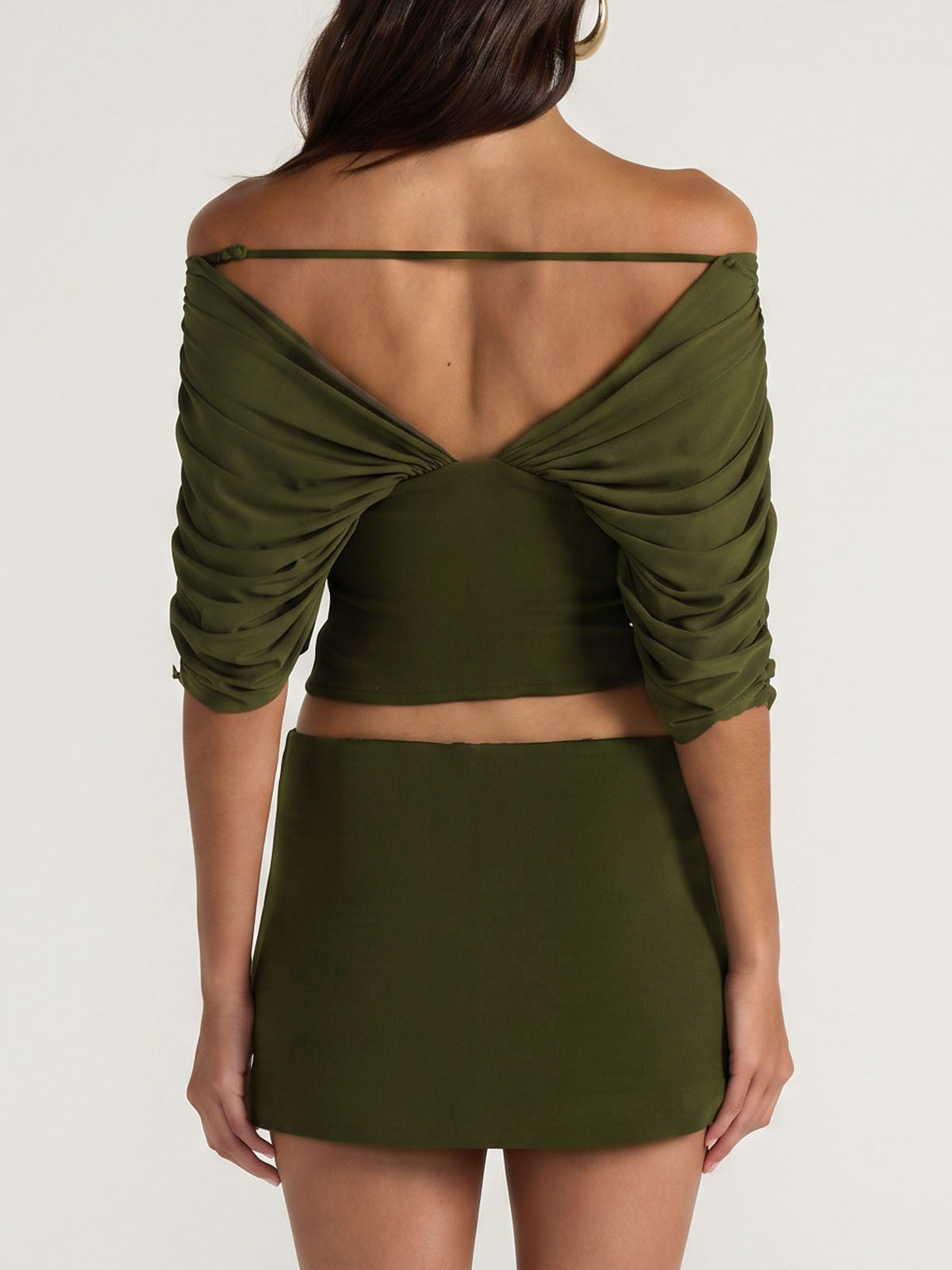 Unique Ruched Off Shoulder Crop Top Resort Two Piece Mini Skirt Set