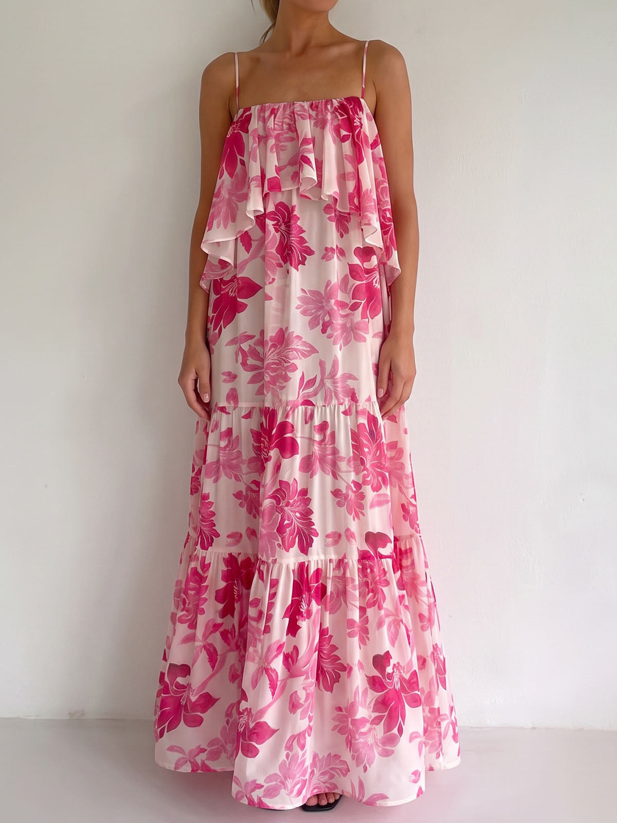 Vibrant Floral Print Square Neck Resort Tiered Ruffle Slip Maxi Dress