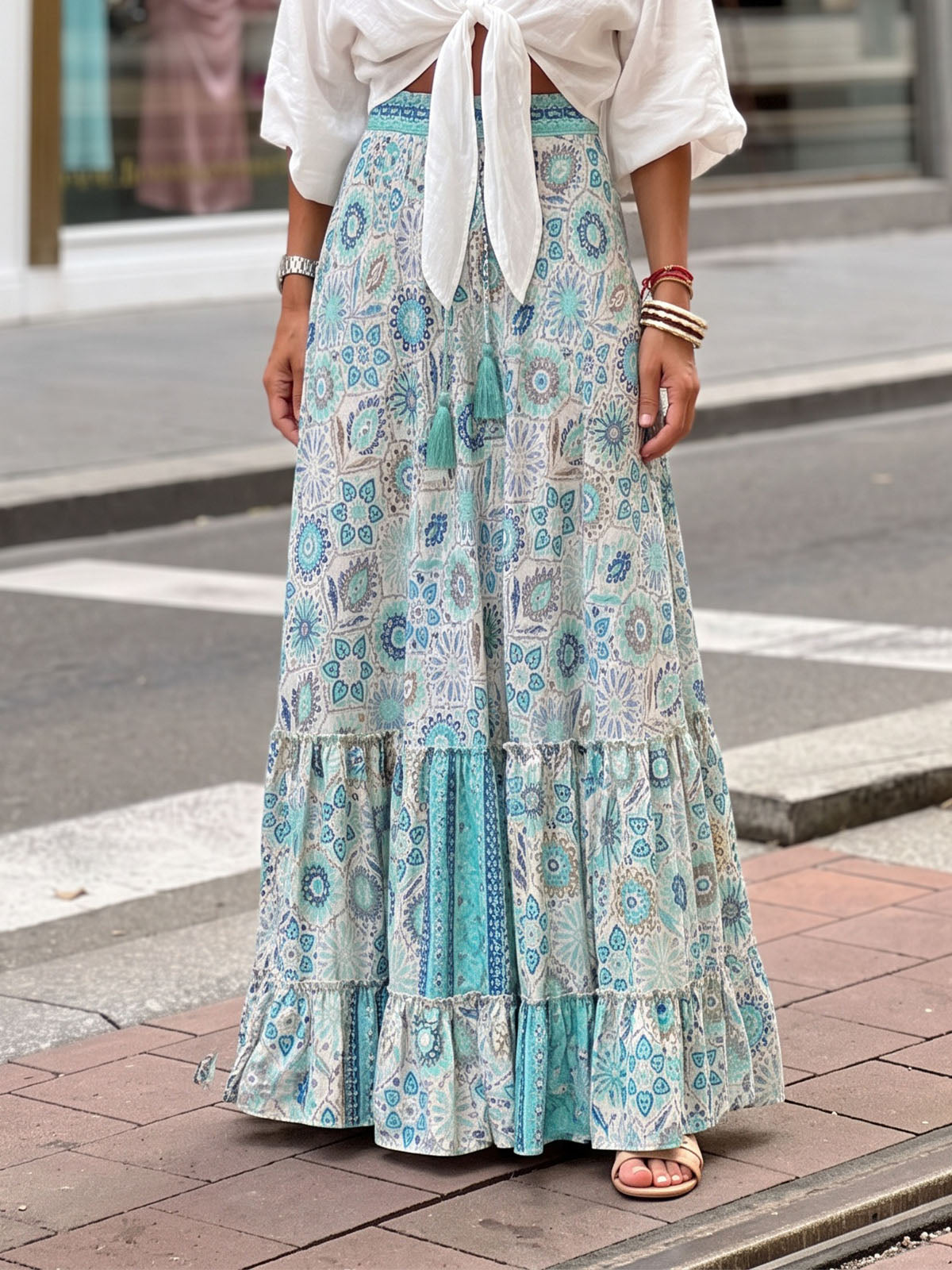 Vibrant Printed High Waist Bow Tie Summer Resort Boho Tiered Maxi Skirt