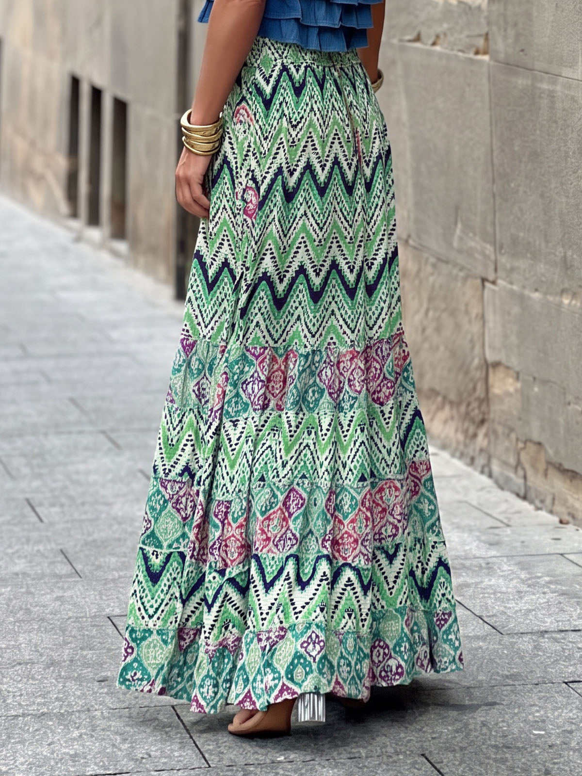 Vibrant Printed High Waist Bow Tie Summer Resort Boho Tiered Maxi Skirt