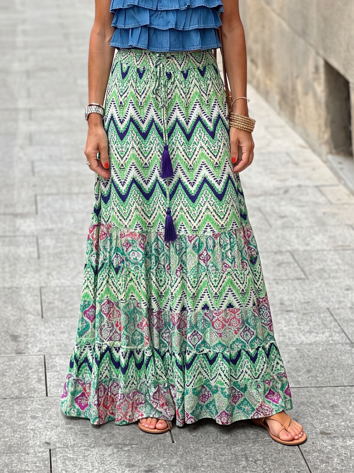 Vibrant Printed High Waist Bow Tie Summer Resort Boho Tiered Maxi Skirt