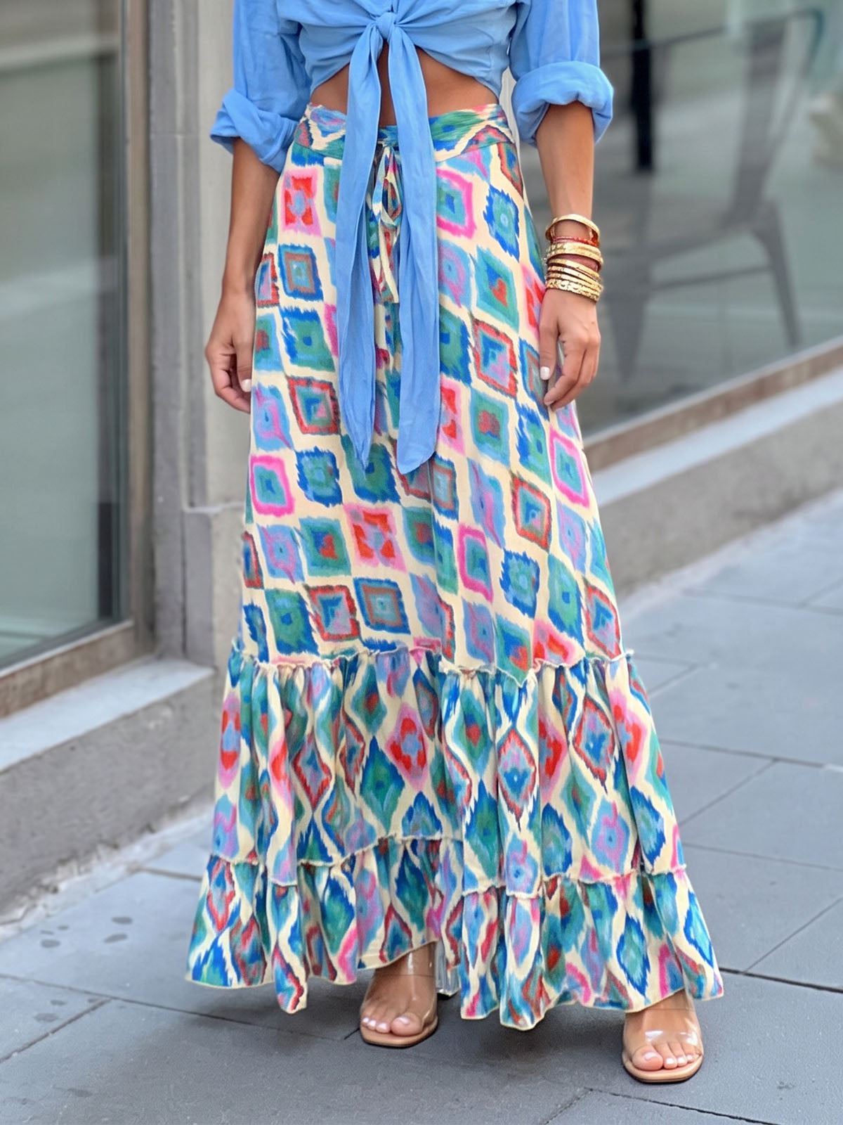 Vibrant Printed High Waist Bow Tie Summer Resort Boho Tiered Maxi Skirt