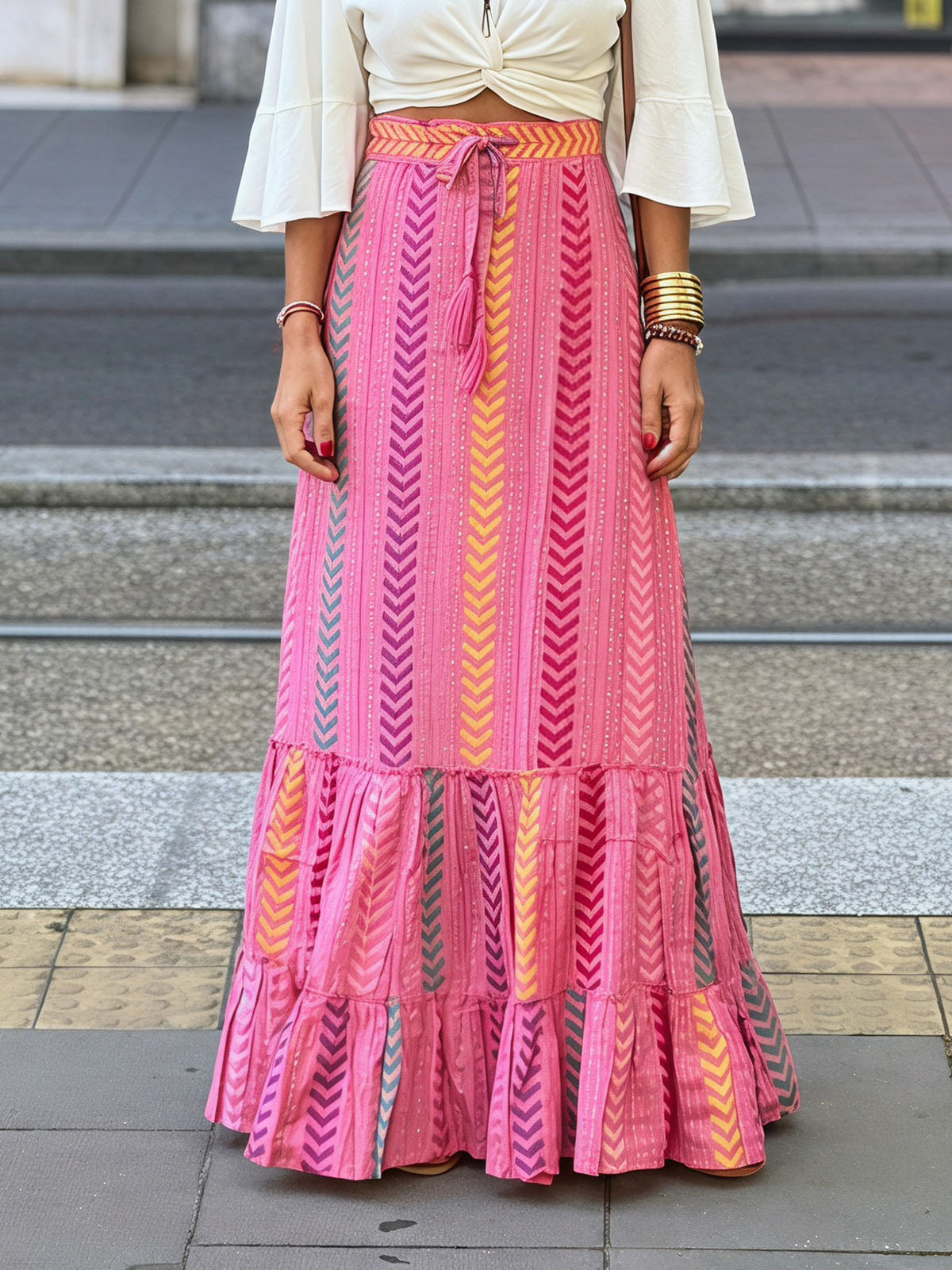 Vibrant Printed High Waist Bow Tie Summer Resort Boho Tiered Maxi Skirt