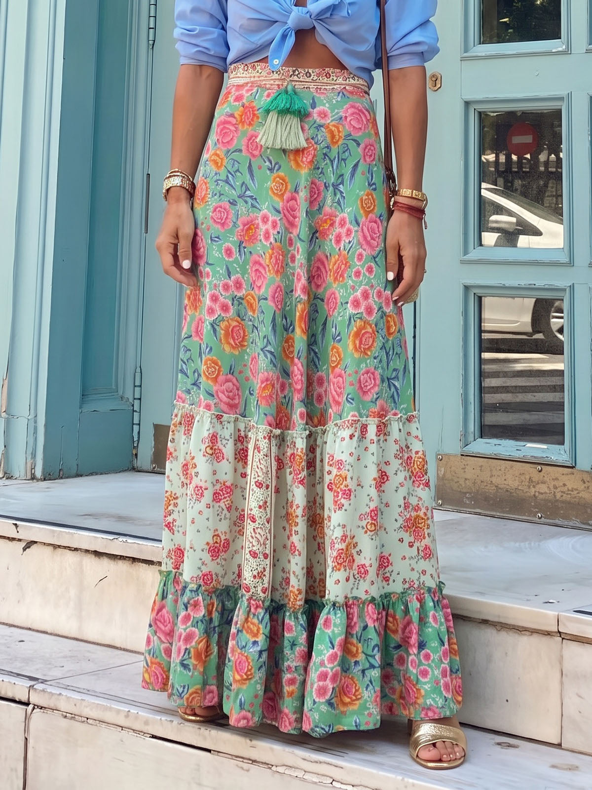Vibrant Printed High Waist Bow Tie Summer Resort Boho Tiered Maxi Skirt