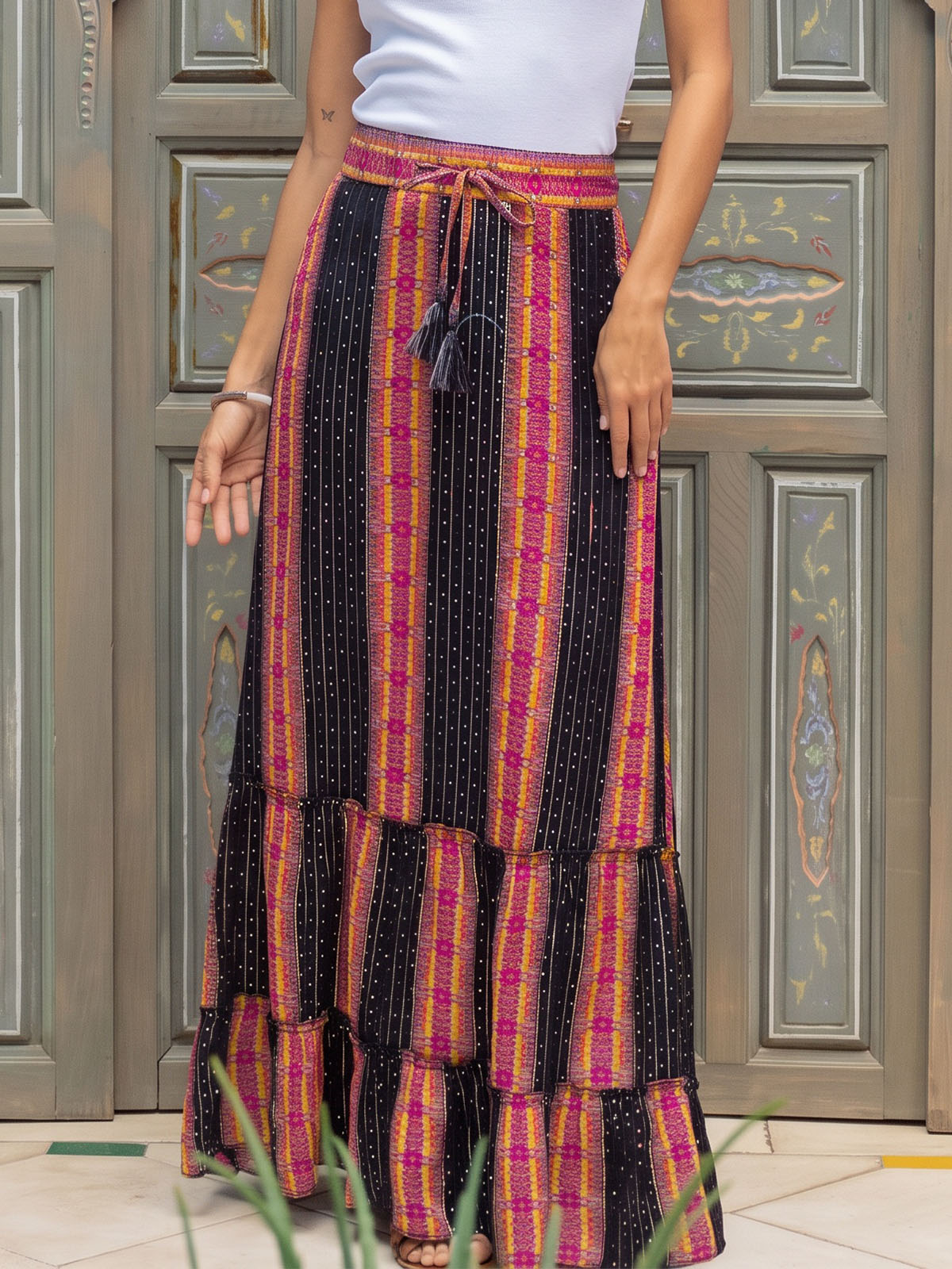 Vibrant Printed High Waist Bow Tie Summer Resort Boho Tiered Maxi Skirt
