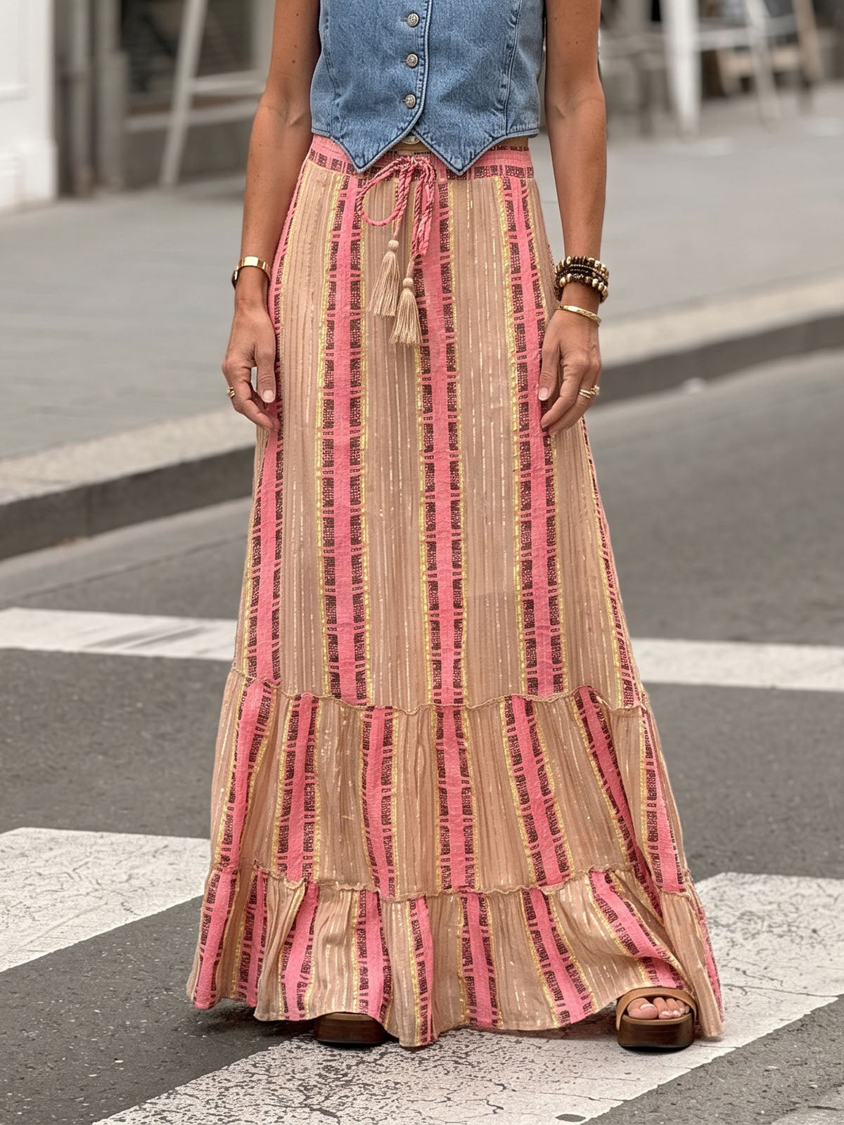 Vibrant Printed High Waist Bow Tie Summer Resort Boho Tiered Maxi Skirt