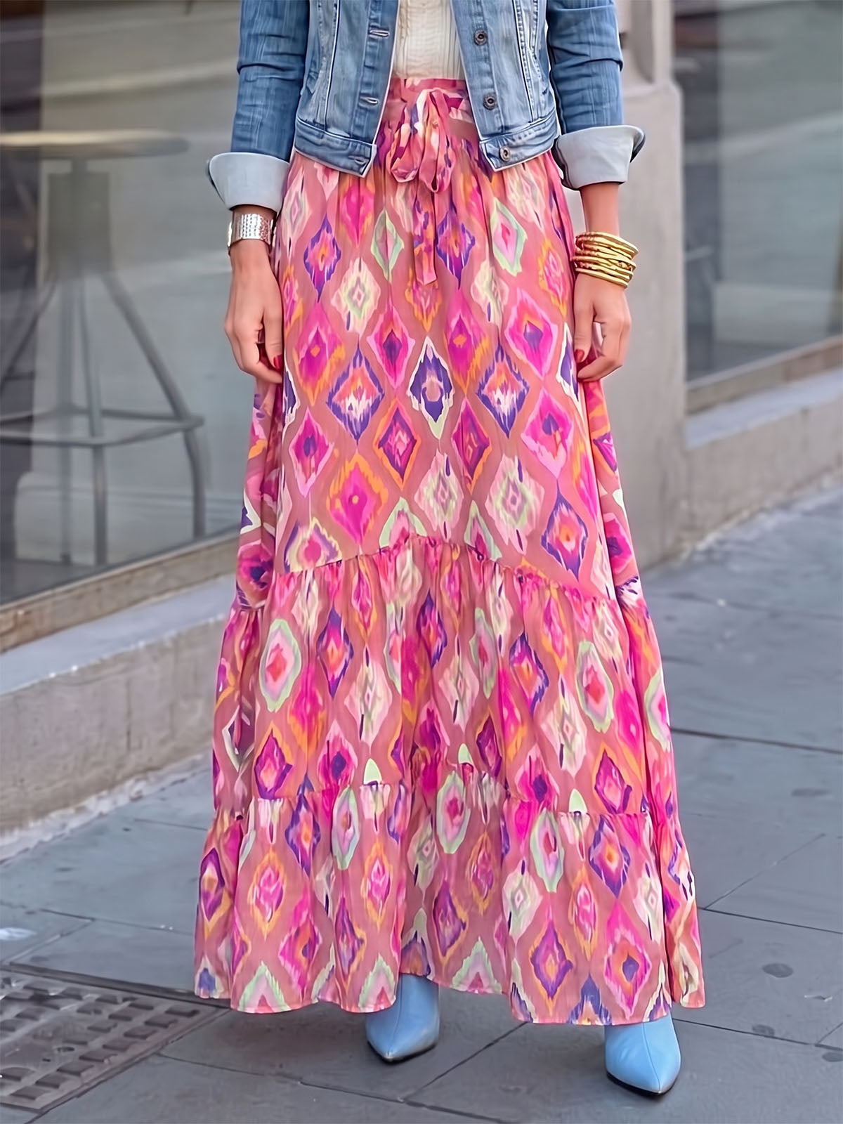 Vibrant Printed High Waist Bow Tie Summer Resort Boho Tiered Maxi Skirt