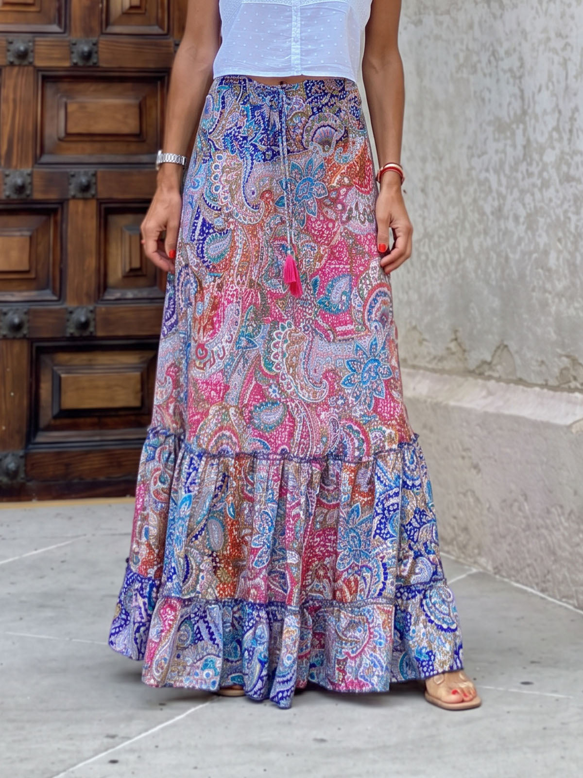 Vibrant Printed High Waist Bow Tie Summer Resort Boho Tiered Maxi Skirt