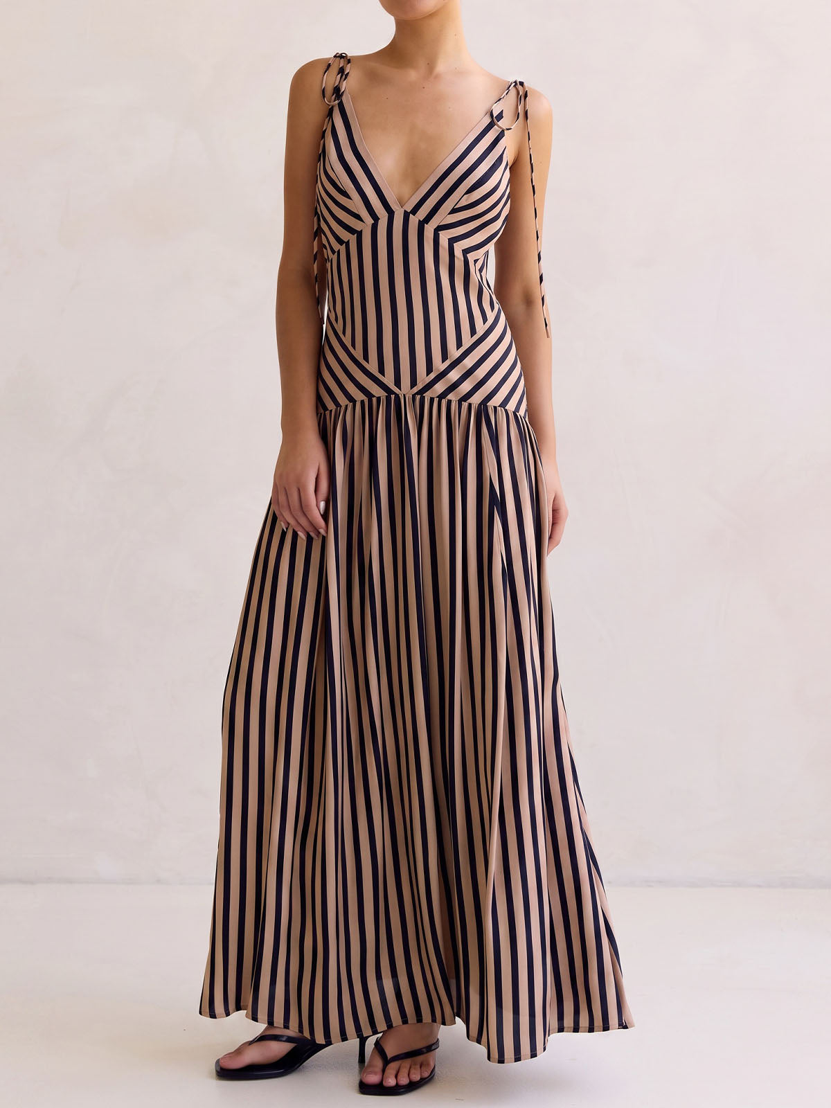Vintage Deep V Tie Shoulder Drop Waist Resort Striped Maxi Dress