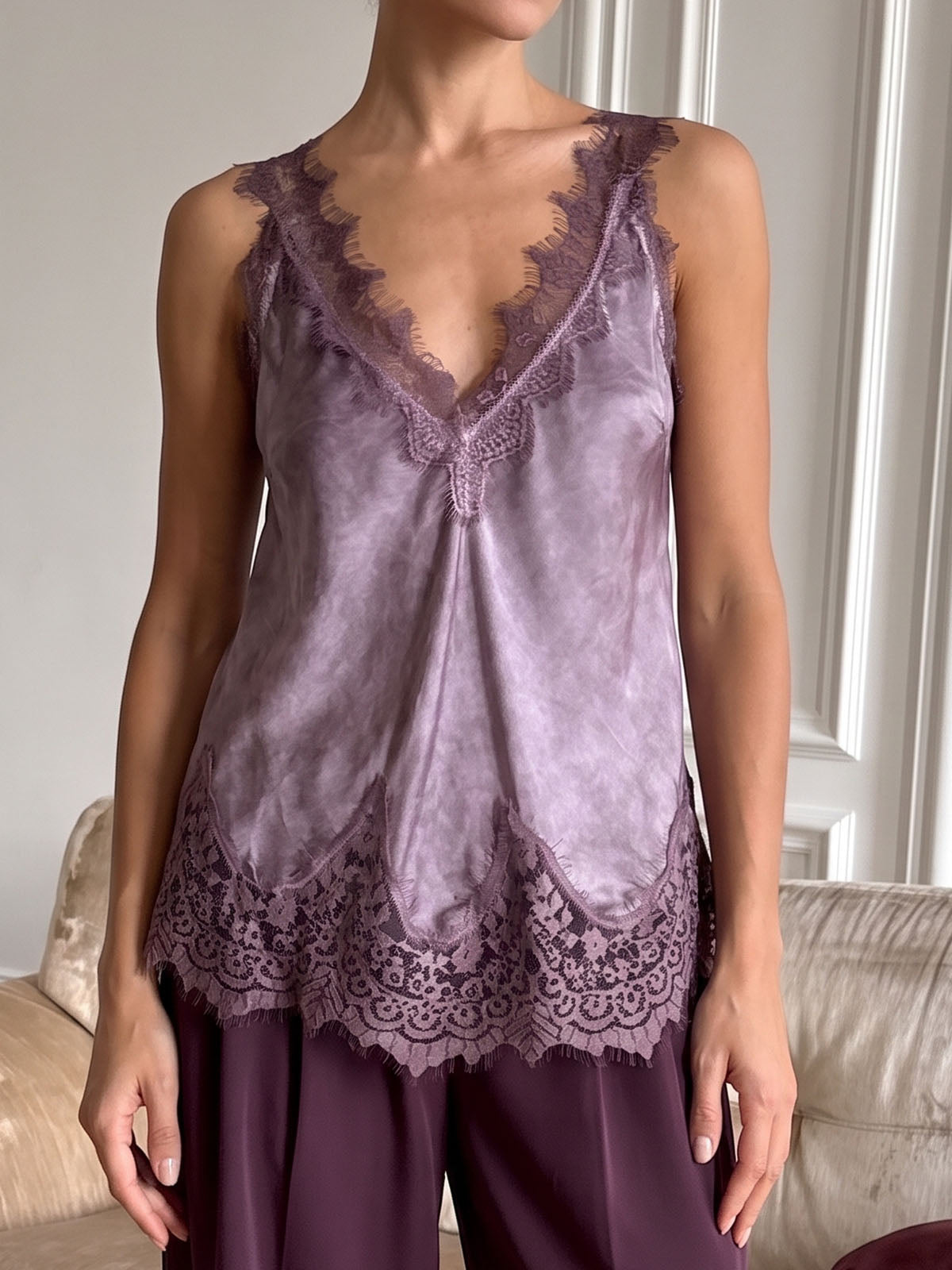 Vintage Eyelash Lace Trim Deep V Neck Resort Silky Satin Tank Top