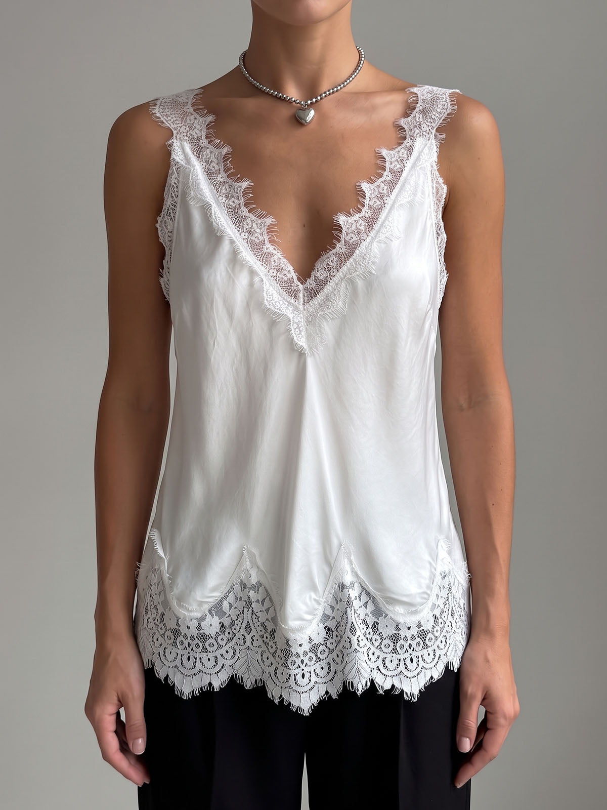 Vintage Eyelash Lace Trim Deep V Neck Resort Silky Satin Tank Top