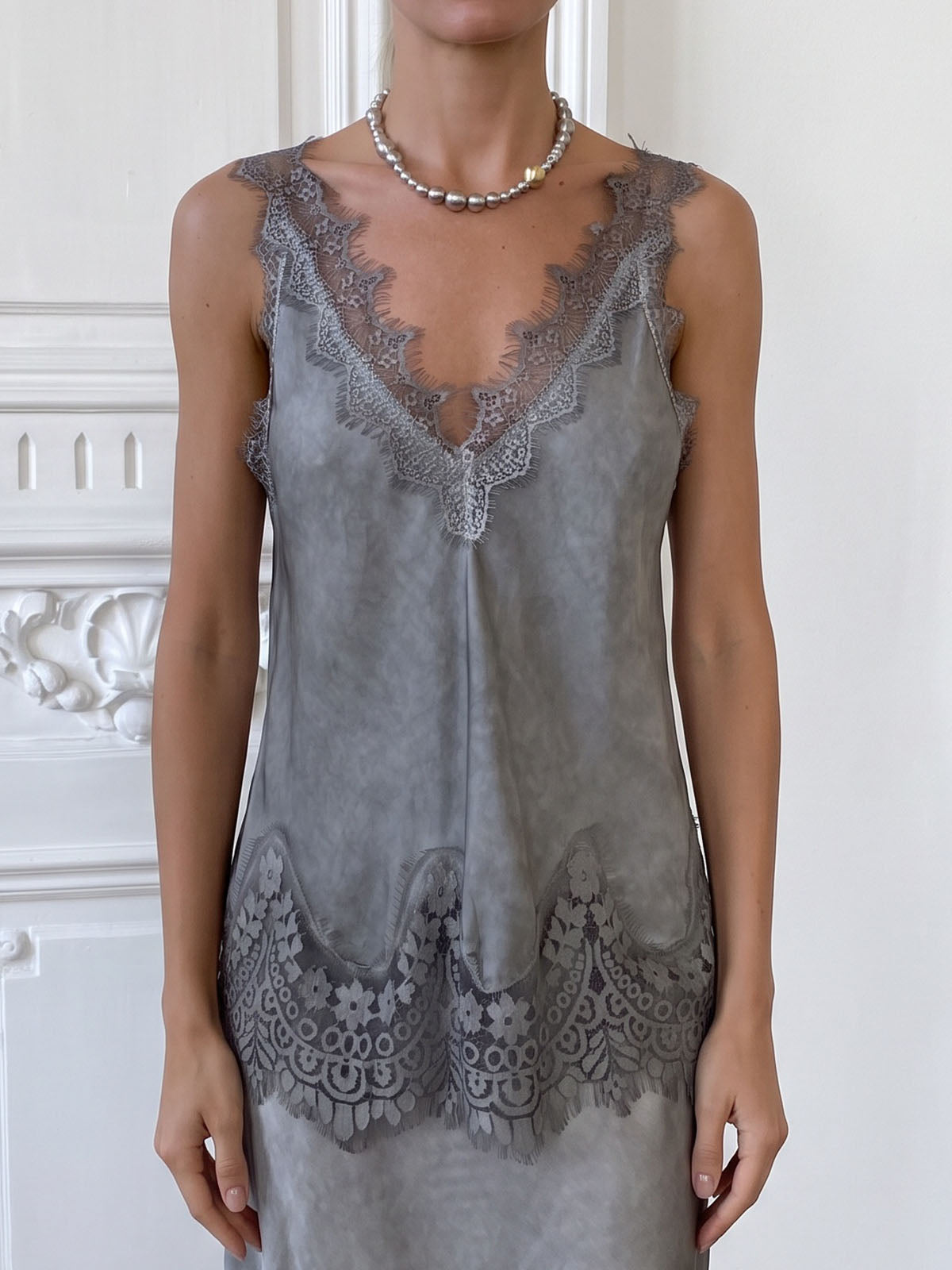 Vintage Eyelash Lace Trim Deep V Neck Resort Silky Satin Tank Top