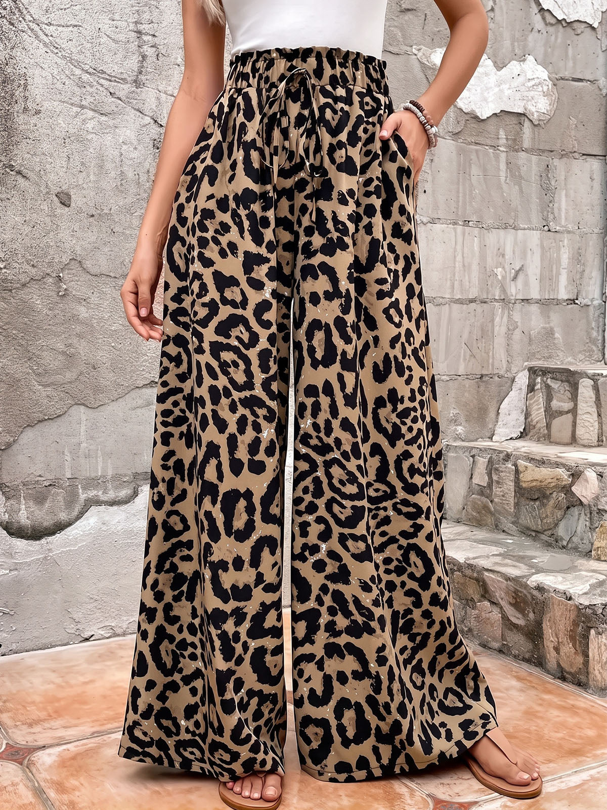Vintage Leopard Front Tie High Waist Resort Wide Leg Palazzo Pants