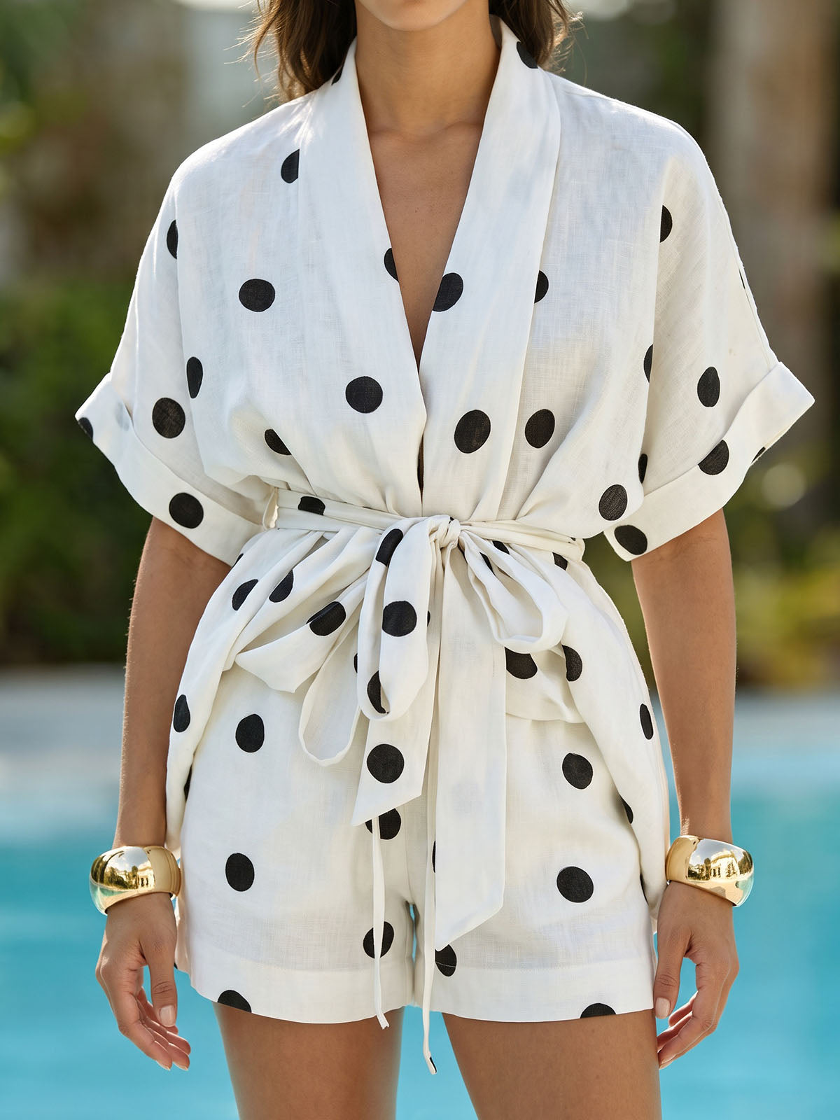 Vintage Polka Dot Belted Wrap Blouse Resort Wide Leg Short Set