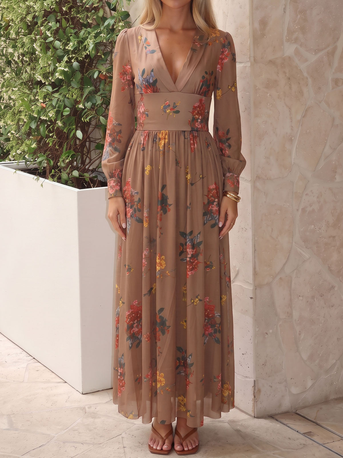 Vintage V Neck Bishop Sleeve Fit and Flare Resort Floral Print Maxi Dress