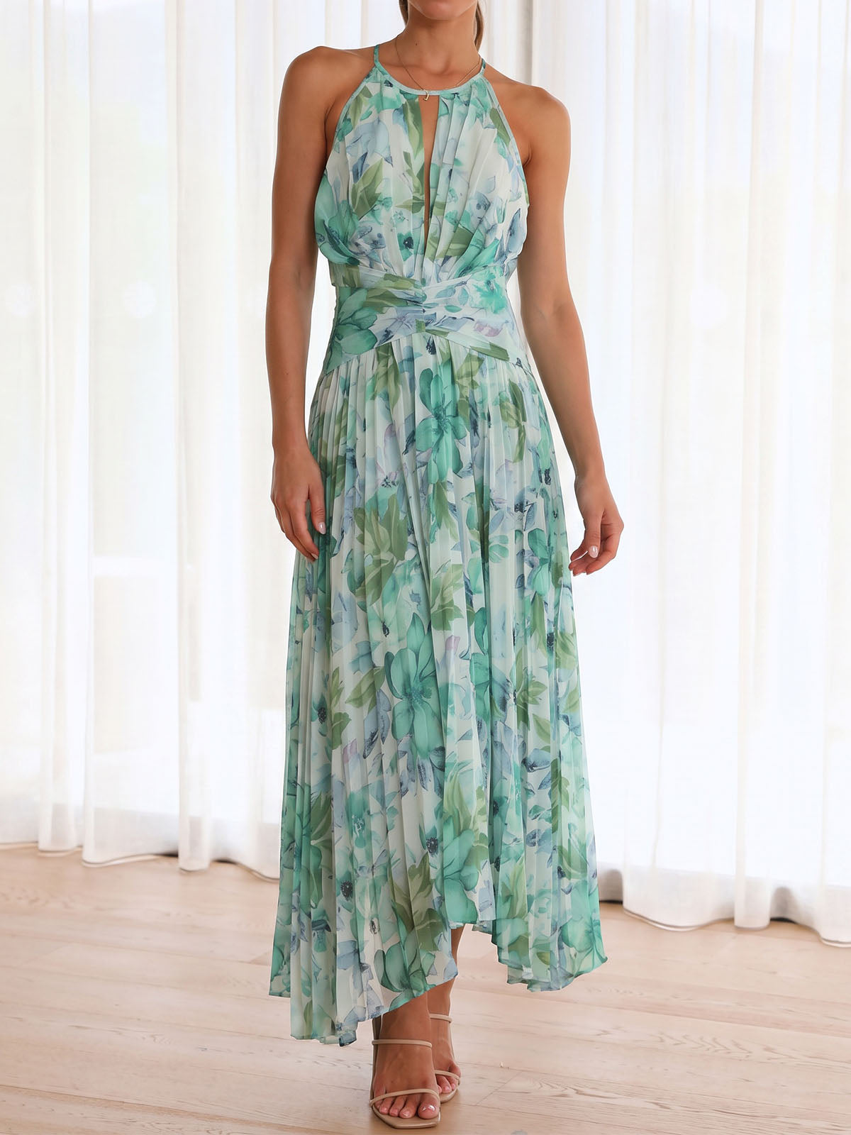 Watercolor Floral Ruched Waist Sleeveless Resort Pleated Midi Dress