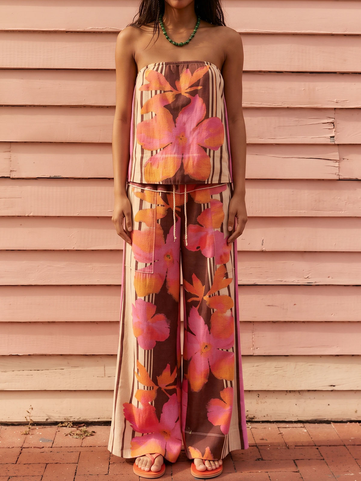 Watercolor Floral Tube Top Wide Leg Pant Resort Two Piece Linen Set