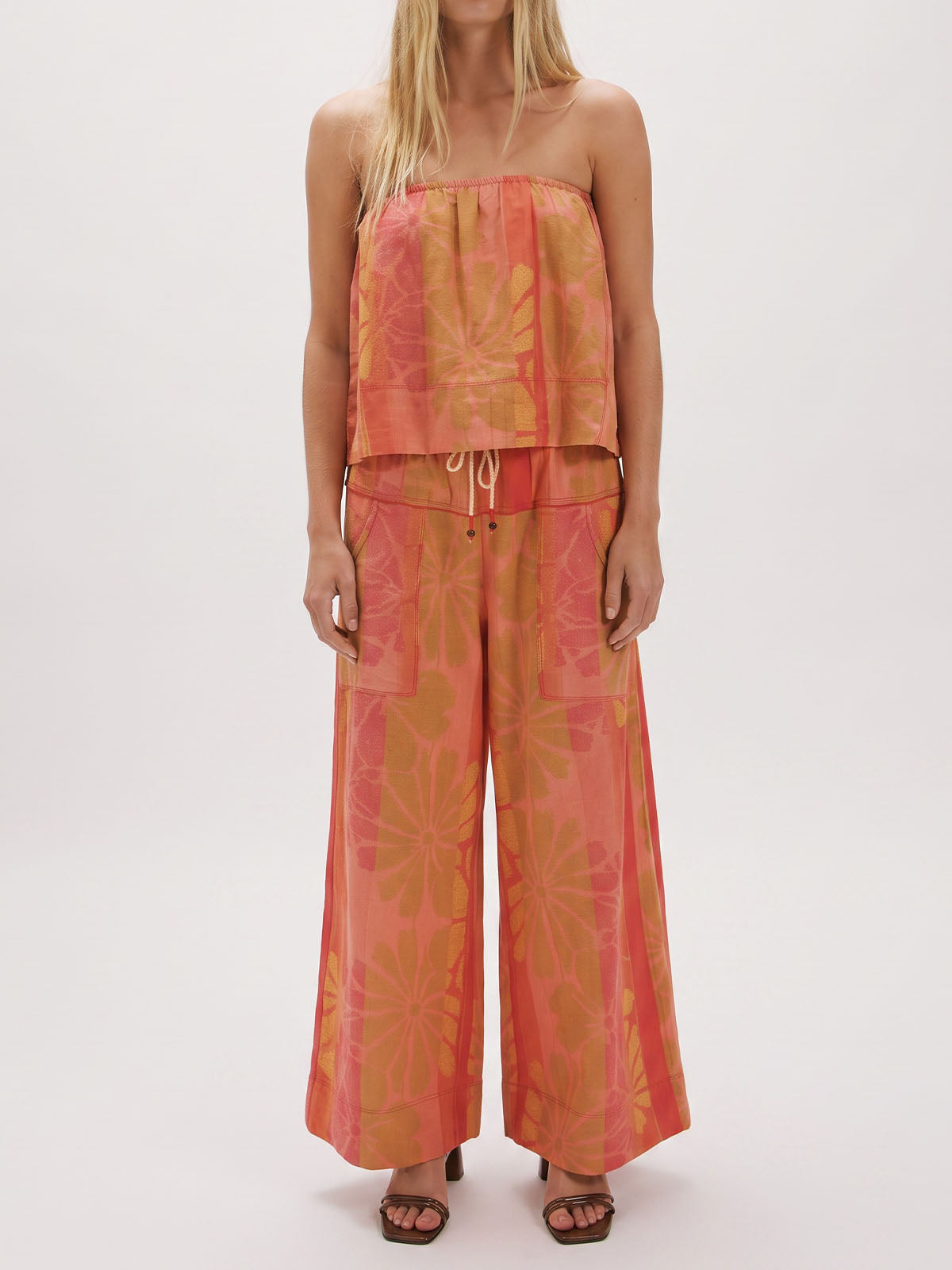 Watercolor Floral Tube Top Wide Leg Pant Resort Two Piece Linen Set