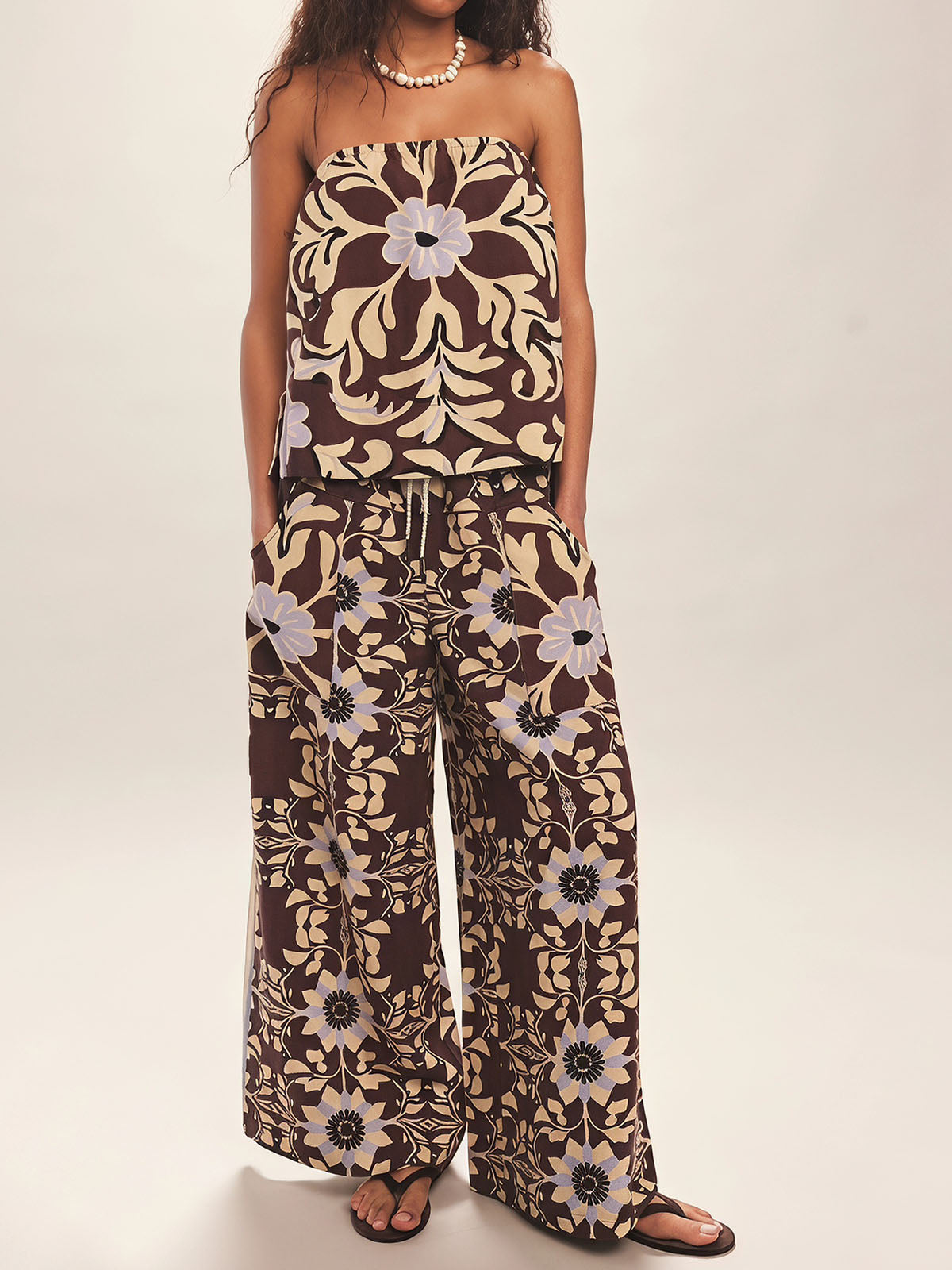 Watercolor Floral Tube Top Wide Leg Pant Resort Two Piece Linen Set