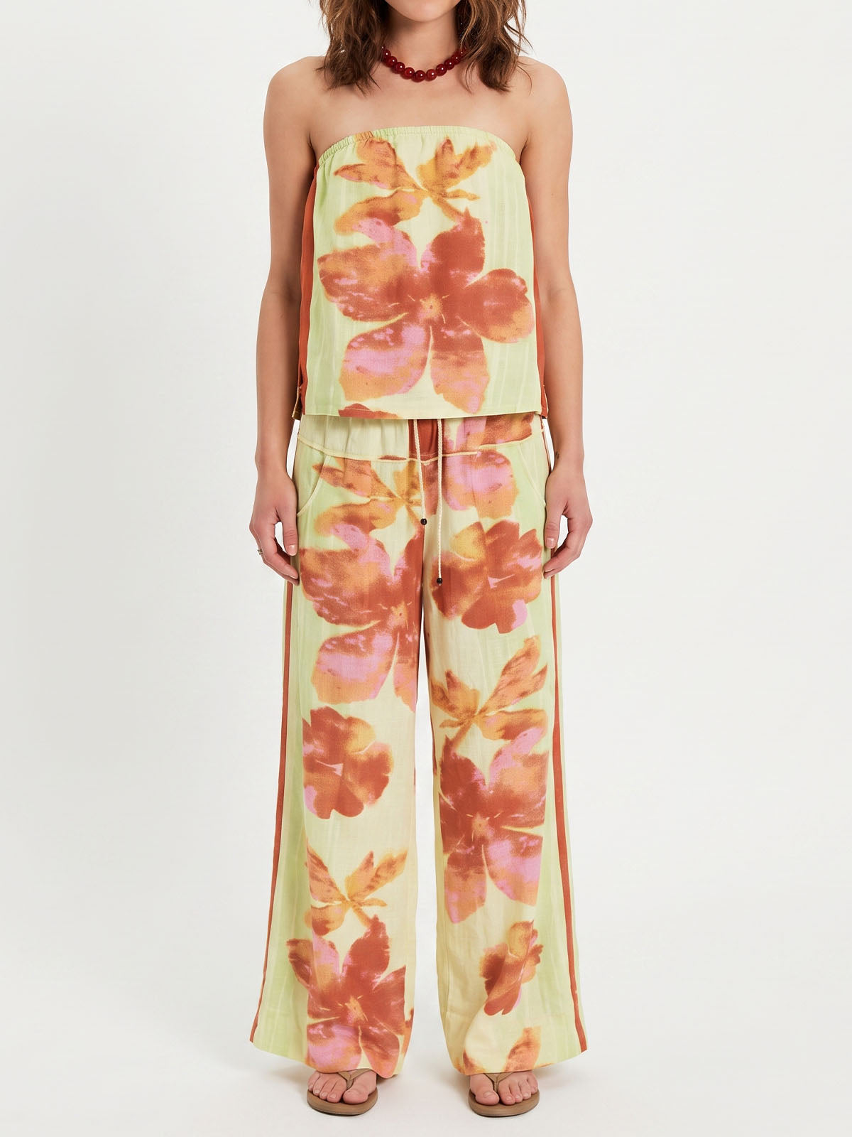 Watercolor Floral Tube Top Wide Leg Pant Resort Two Piece Linen Set