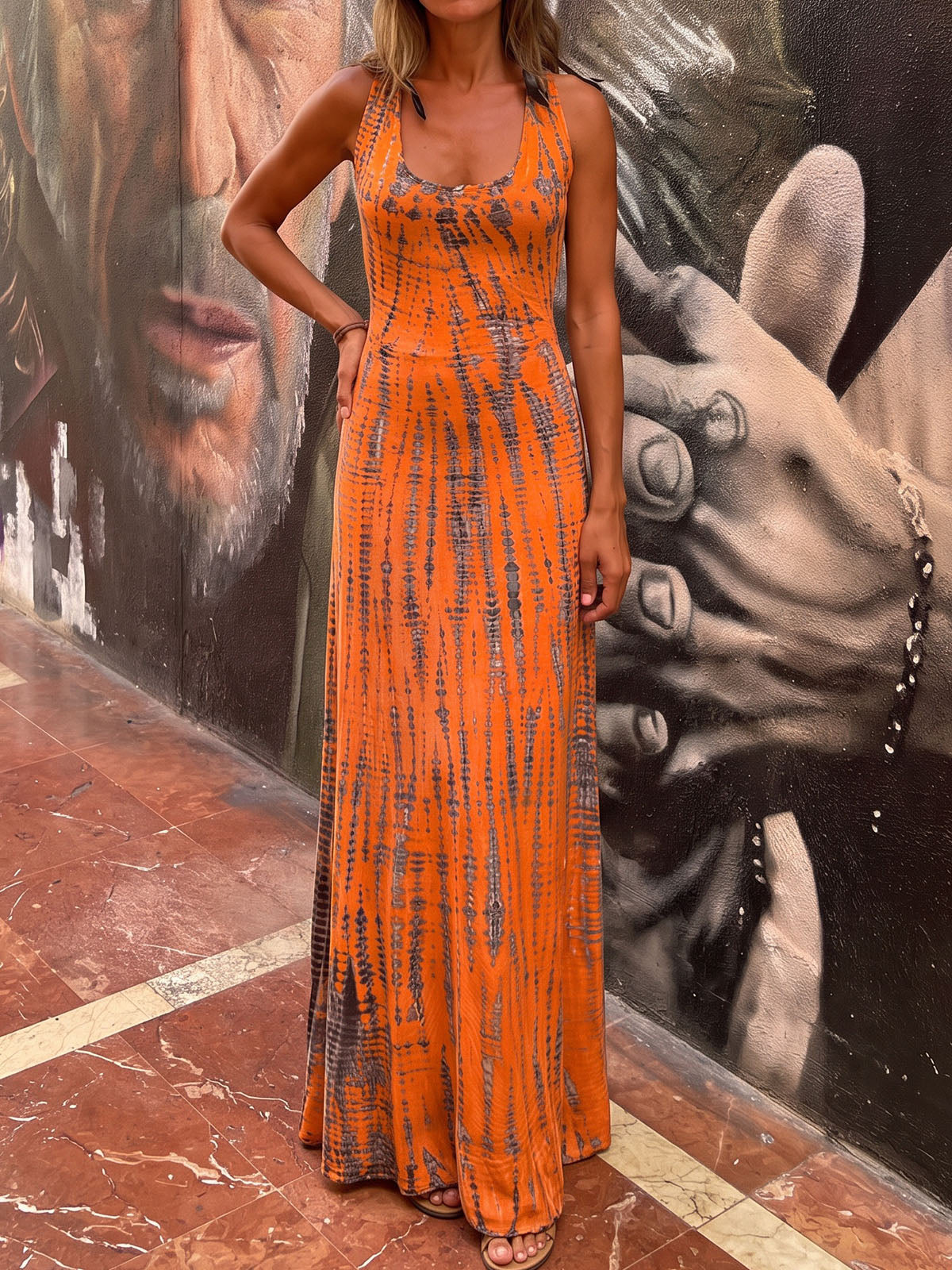Waterfall Tie Dye Print Criss Cross Back Resort Summer Tank Maxi Dress