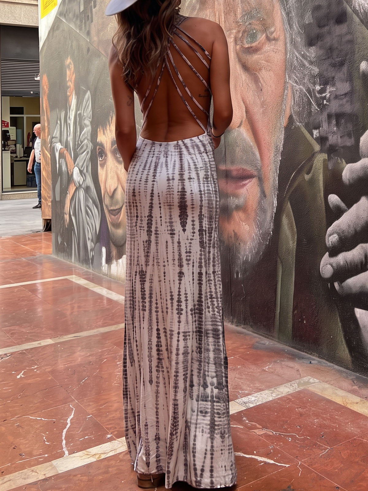 Waterfall Tie Dye Print Criss Cross Back Resort Summer Tank Maxi Dress